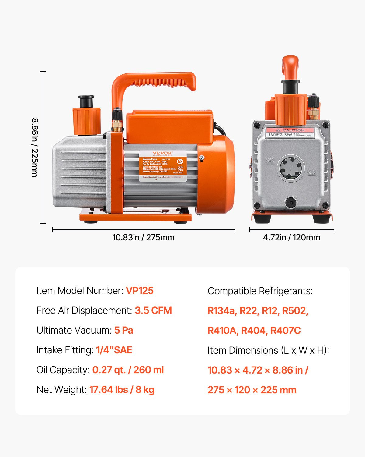 3.5 CFM AC Vacuum Pump and Gauge Set, Single Stage Rotary Vane HVAC Air Vacuum Pump, A/C Refrigerant Manifold Gauge Kit, with Hoses, for R134a, R12, R22, R502a, R410A, R404, R407C Refrigerants