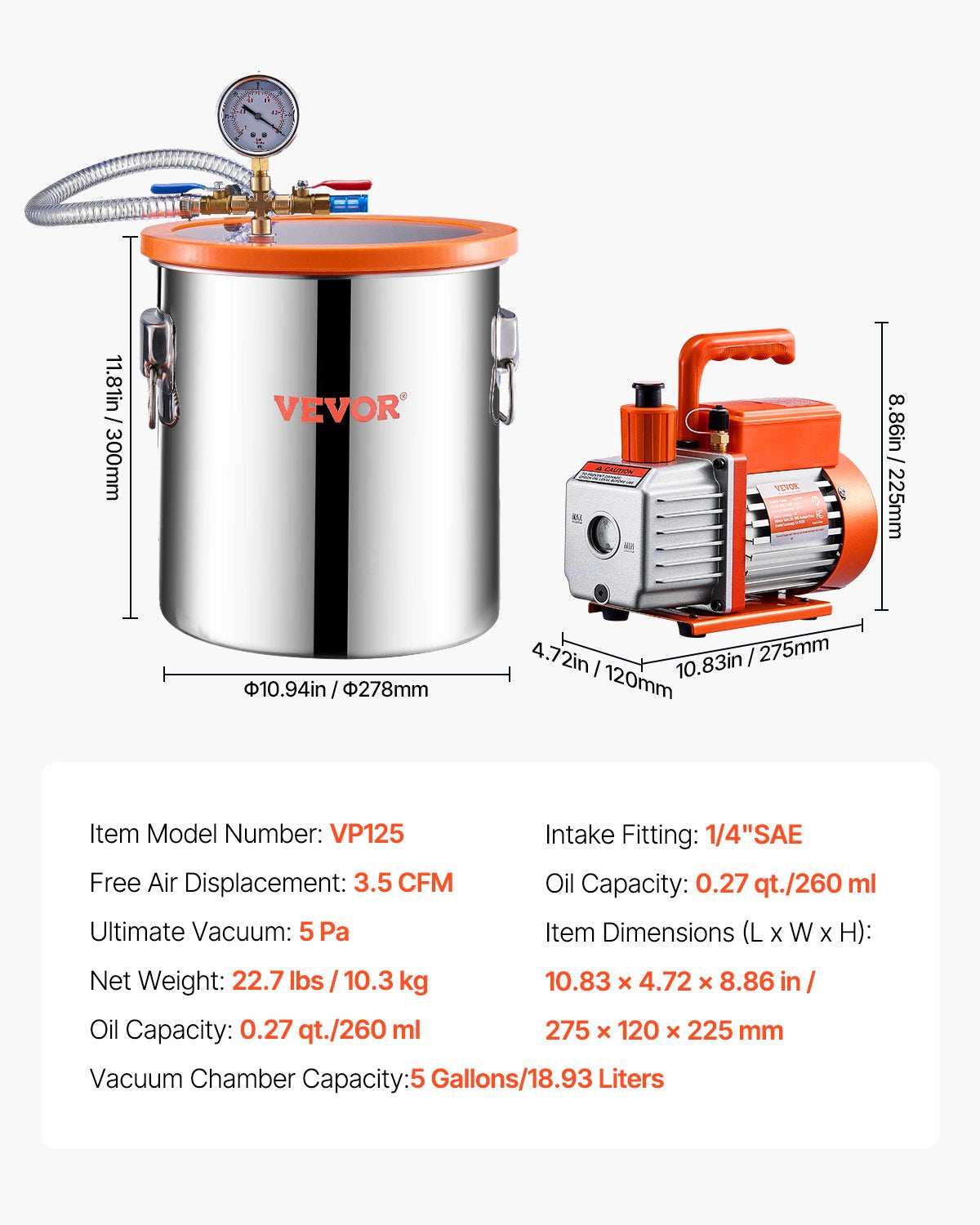 5 Gallon Vacuum Chamber and 3.5 CFM Pump Kit, Stainless Steel Chamber, Single Stage Vacuum Pump Degassing Chamber Kit, with Acrylic Lid, Oil, 4.92 ft Hose, for Degassing Resin Silicone Epoxies