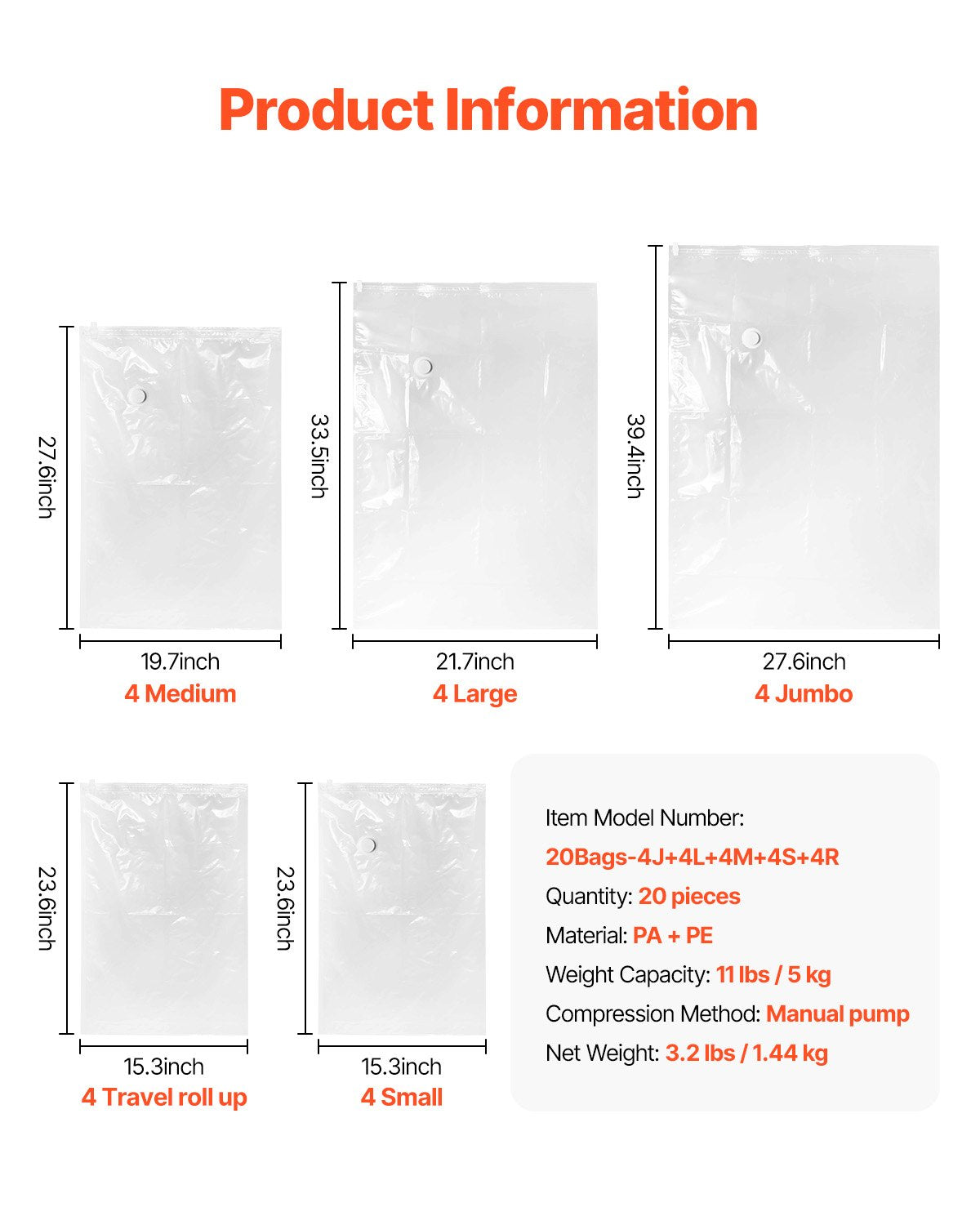 Vacuum Storage Bags, 20 Pack Space Saver Seal Bag(4 Jumbo/4 Large/4 Medium/4 Small/4 Roll), Compression Airtight Zipper Space Bags with Hand Pump, for Cloth, Bedding, Blanket, Pillow, Travel