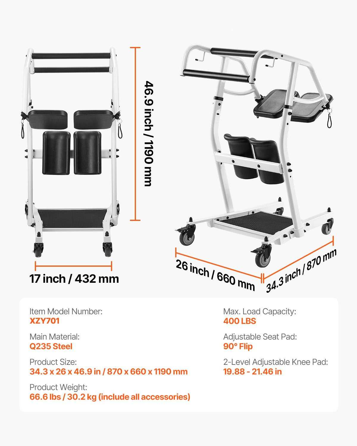 Stand Assist Patient Lift, Easy Sit-to-Stand Transfer Chair for Seniors Disabled - with Adjustable Knee Pads, PU Seat Pad & Lockable Wheels, 400 lbs Strong Capacity for Home Nursing Care