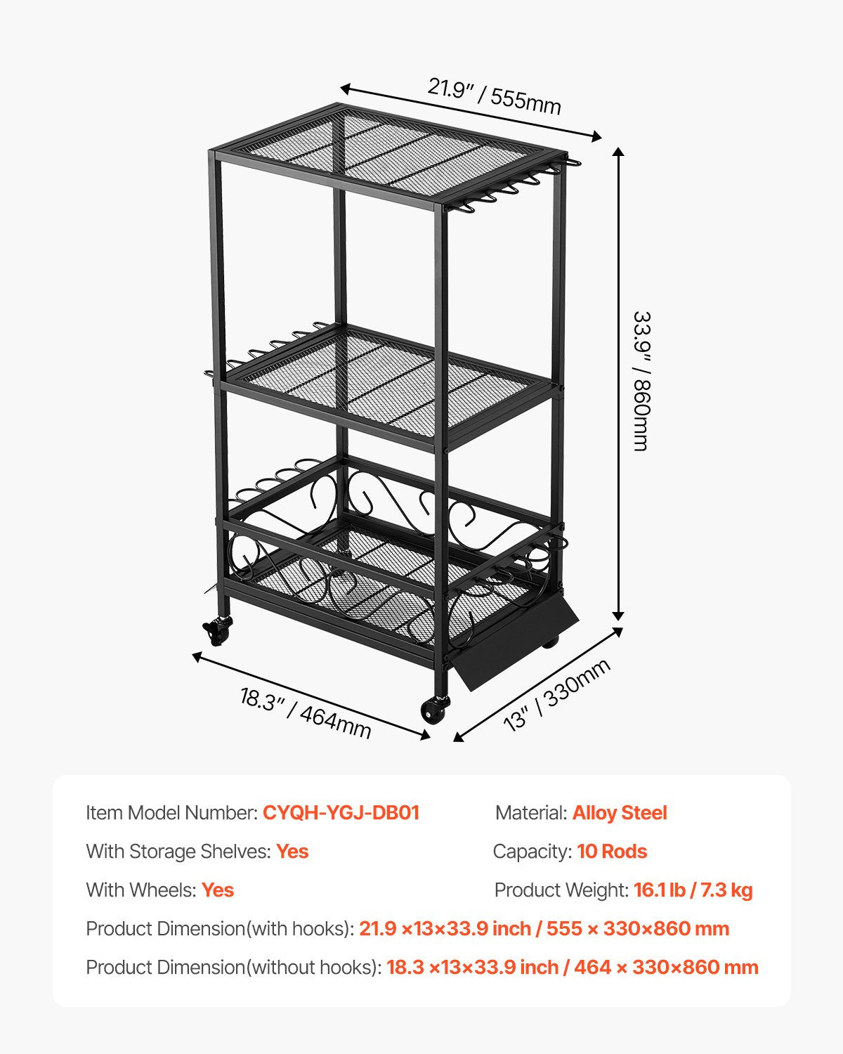 Fishing Rod Holder for 10-Rods, Mobile Fishing Pole Rack Cart with Wheels, Fish Gear Equipment Organizer for Garage Home Indoor Use, for Tackle Box Reel Accessories Storage, Gifts for Men