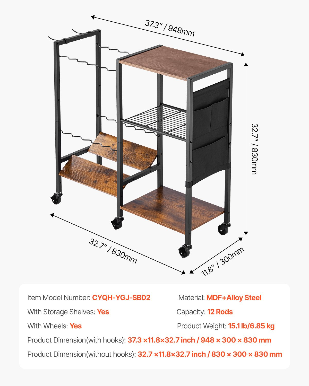 Fishing Rod Holder for 12-Rods, Mobile Fishing Pole Rack Cart with Wheels, Fish Gear Equipment Organizer for Garage Home Indoor Use, for Tackle Box Reel Accessories Storage, Gifts for Men