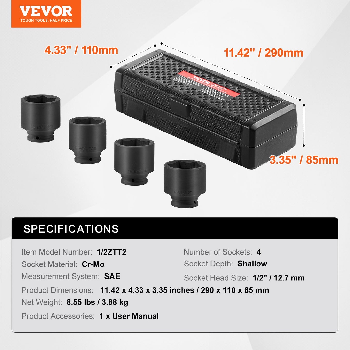 Axle Nut Impact Socket Set, 1/2" Drive 6-Point 4-Piece SAE Spindle Nut Socket Set, CR-MO Heat Treated Large Socket Set with Storage Case, for Auto Repair, Removing or Installing Axle Nuts