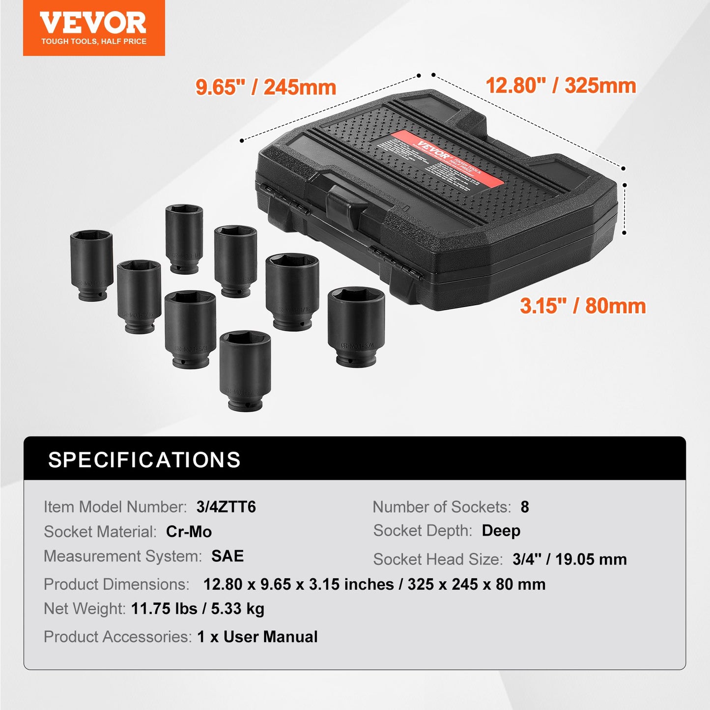 Axle Nut Impact Socket Set, 3/4" Drive Deep 6-Point 8-Piece SAE Spindle Nut Socket Set, CR-MO Heat Treated Large Socket Set with Storage Case, for Auto Repair, Removing or Installing Axle Nuts