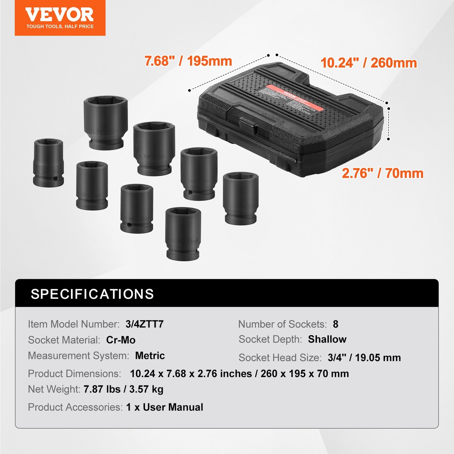 Axle Nut Impact Socket Set, 3/4" Drive 6-Point 8-Piece Metric Spindle Nut Socket Set, CR-MO Heat Treated Large Socket Set with Storage Case, for Auto Repair, Removing or Installing Axle Nuts