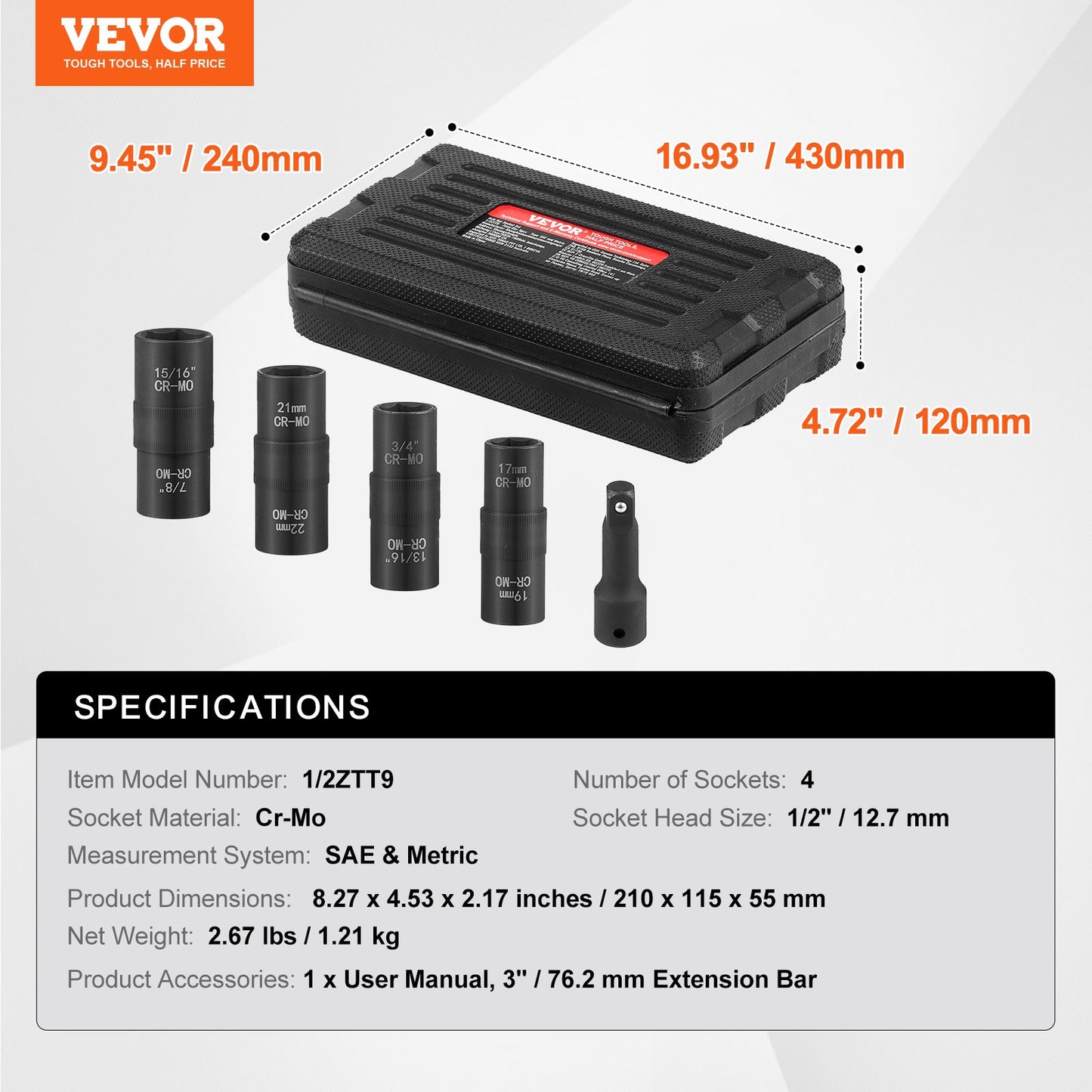 Lug Nut Impact Socket Set, 1/2 inch Drive Metric and SAE 6-Point Flip Socket Set, 4 Total Lug Nut Sizes, CR-MO Steel Wheel Socket Set with Storage Case and Extension Bar, for Auto Repair