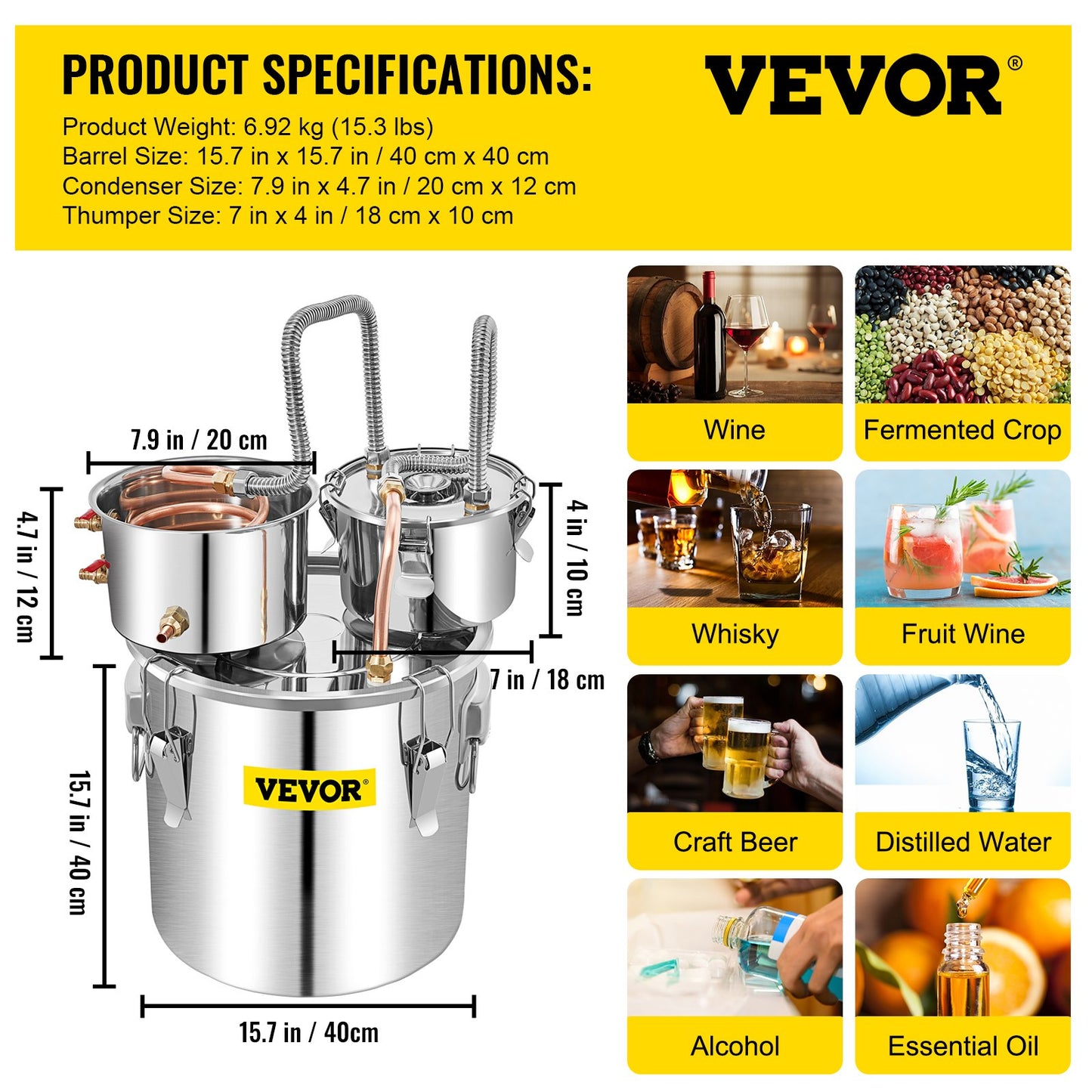 Alcohol Still, 13.2Gal / 50L Stainless Steel Water Alcohol Distiller Copper Tube Home Brewing Kit Build-in Thermometer for DIY Whisky Wine Brandy, Silver