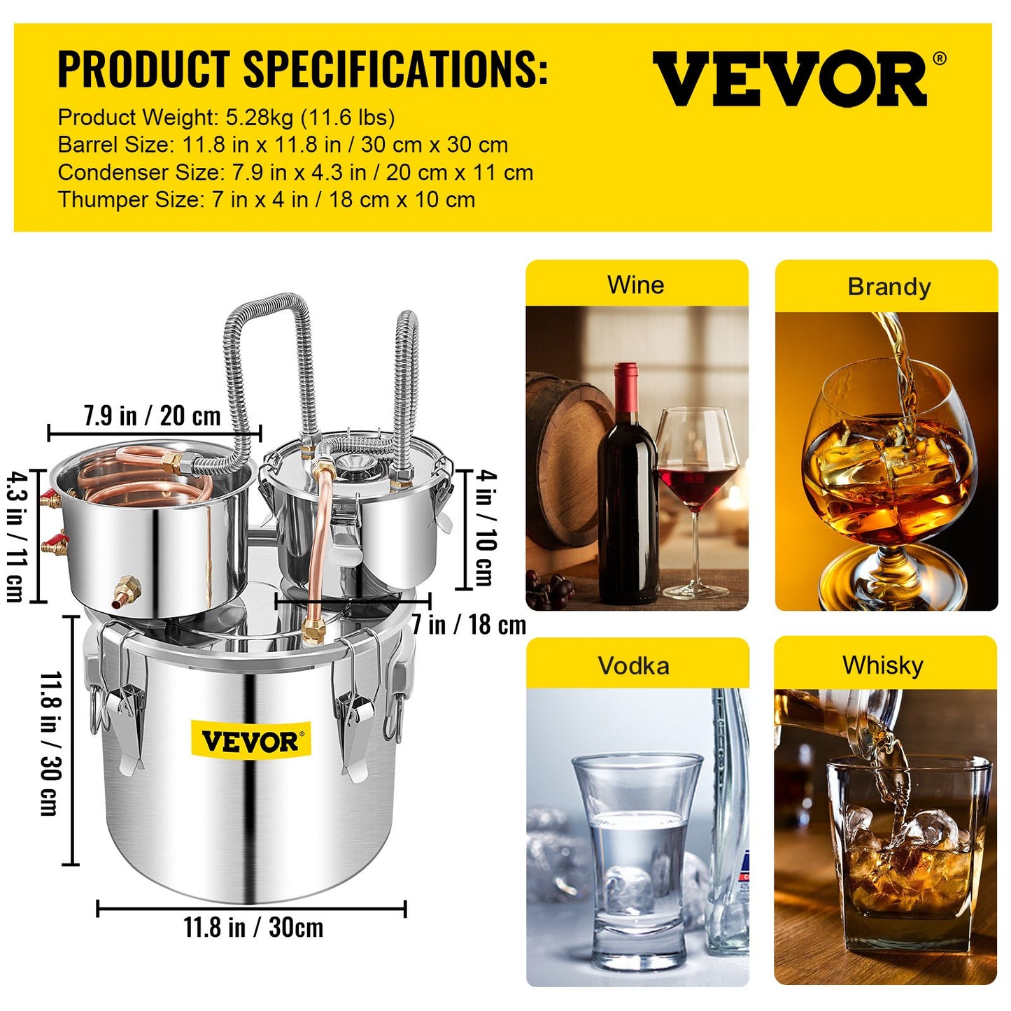 Alcohol Still, 5 Gallon, Stainless Steel Alcohol Distiller with Copper Tube & Build-in Thermometer & Water Pump, Double Thumper Keg Home Brewing Kit, for DIY Whiskey Wine Brandy