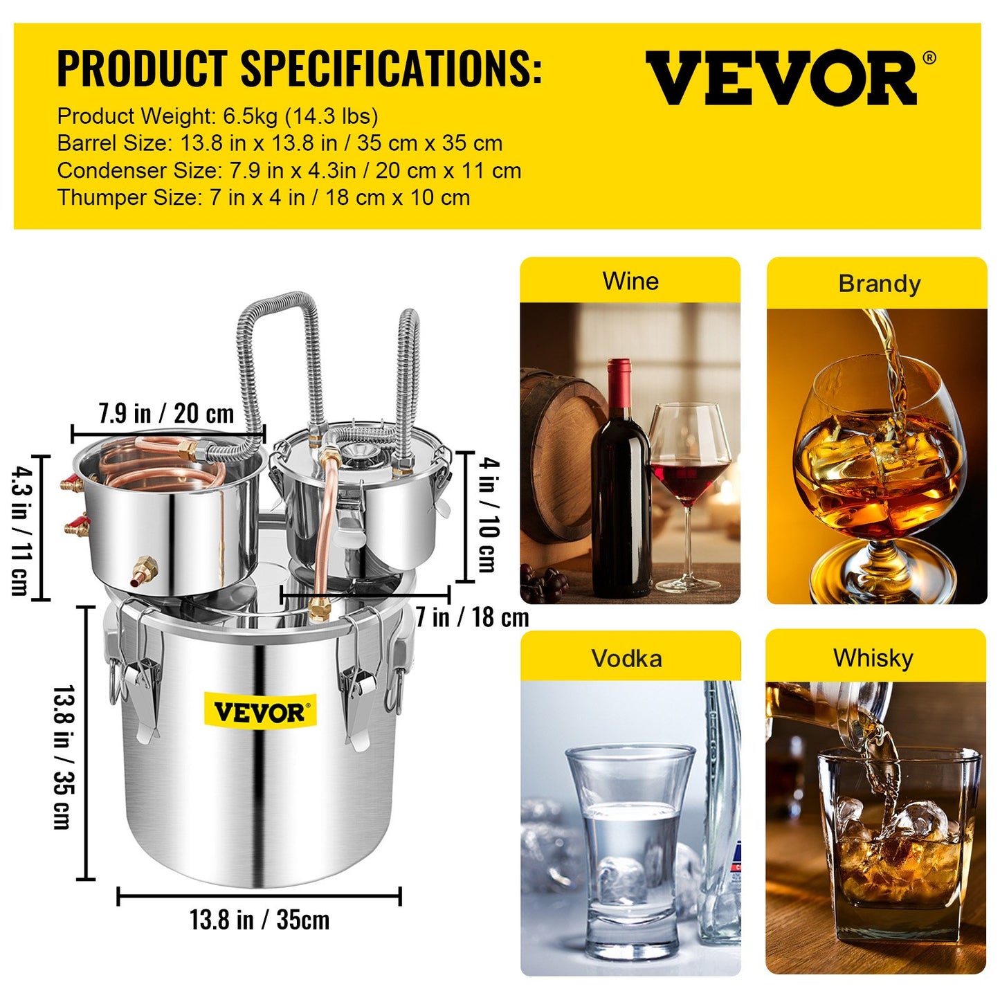 Moonshine Still Stainless Steel Water Alcohol Distiller Copper Tube With Circulating Pump Home Brewing Kit Build-in Thermometer for DIY Whisky Wine Brandy Spirits