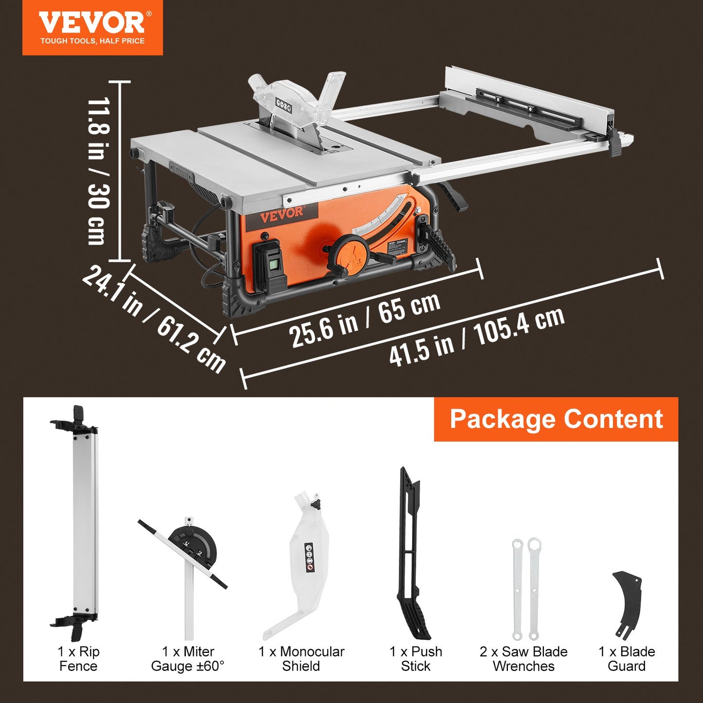 Table Saw for Jobsite, 10-inch 15-Amp, 25-in Max Rip Capacity, Cutting Speed up to 4500RPM, 40T Blade, Portable Compact Tablesaw with Sliding Miter Gauge for DIY Woodworking and Furniture Making