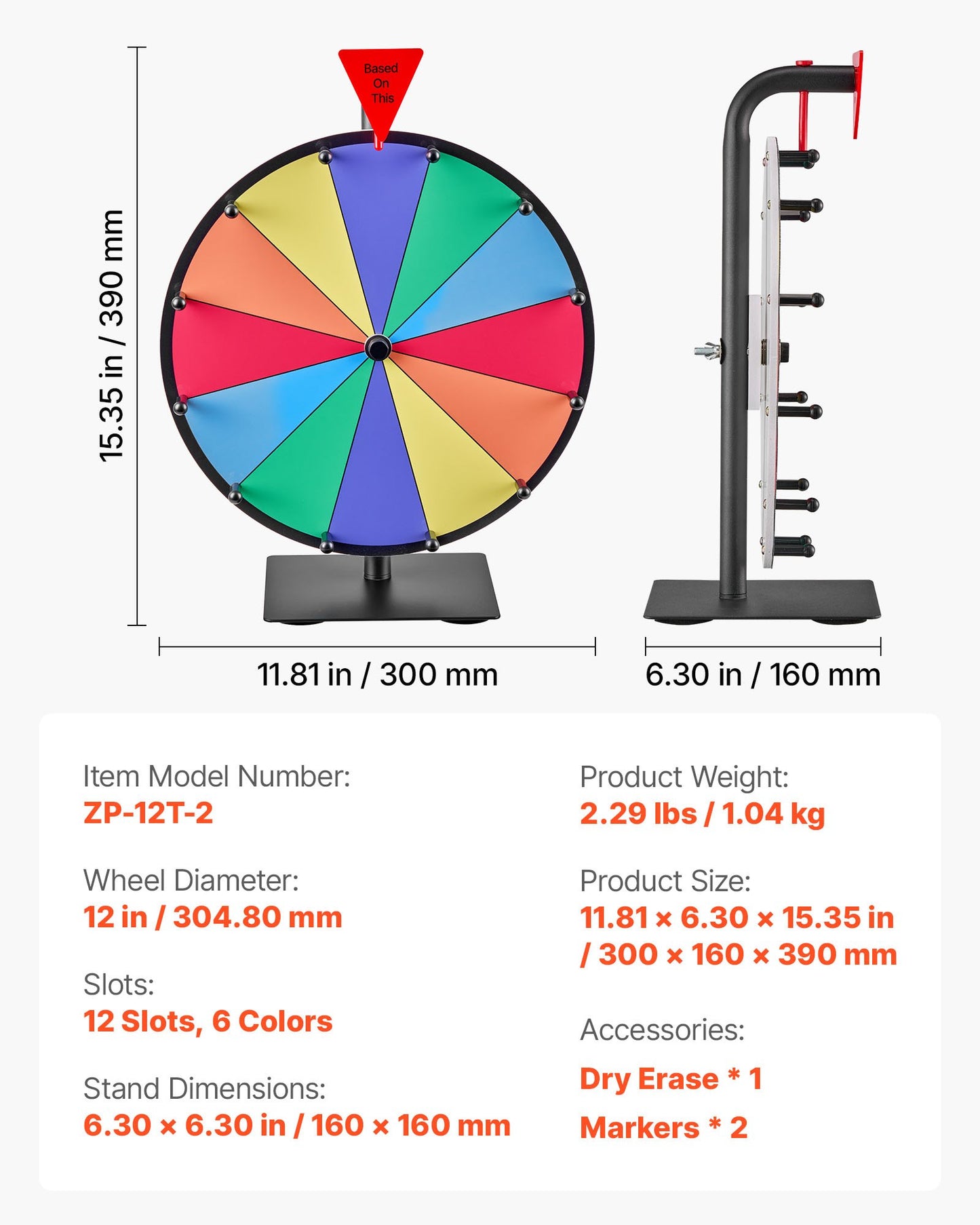 12 in Spinning Prize Wheel, 12 Slots Spinning Wheel with Stand, Tabletop Win Fortune Roulette with a Dry Erase and 2 Markers, 6 Colors, Easy Assembly, for Party Pub Trade Show Carnival Events