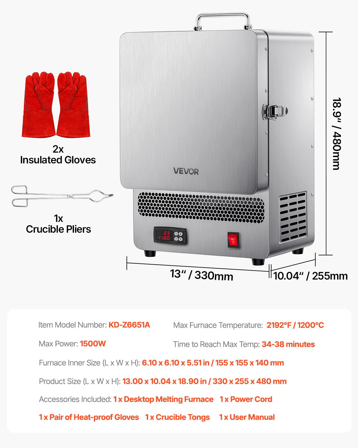 Tabletop Kiln Melter, 1500W Electric Kiln, 2192℉ Max Temperature, Stainless Steel, Programmable Gold Melting Furnace for Wax Casting, Clay DIY, Metal Tempering, Glazing on Pottery, Silver