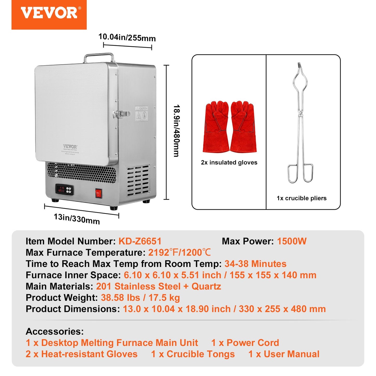 Tabletop Kiln Melter, 1500W Electric Kiln, 2192℉ Max Temperature, Precise Control, Stainless Steel, Gold Melting Furnace for Wax Casting, Clay DIY, Metal Tempering, Glazing on Pottery, Silver