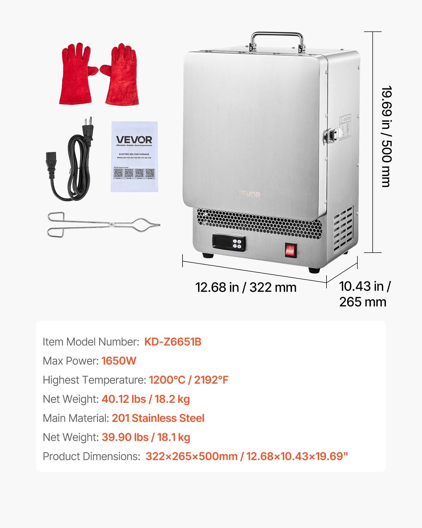 Electric Melting Furnace, 1650W Electric Kiln, Digital Melting Furnace with Max Temperature 2192℉/1200℃ for Lost-Wax Casting, Clay DIY, Metal Annealing, Ceramic Firing, PID Temp Control