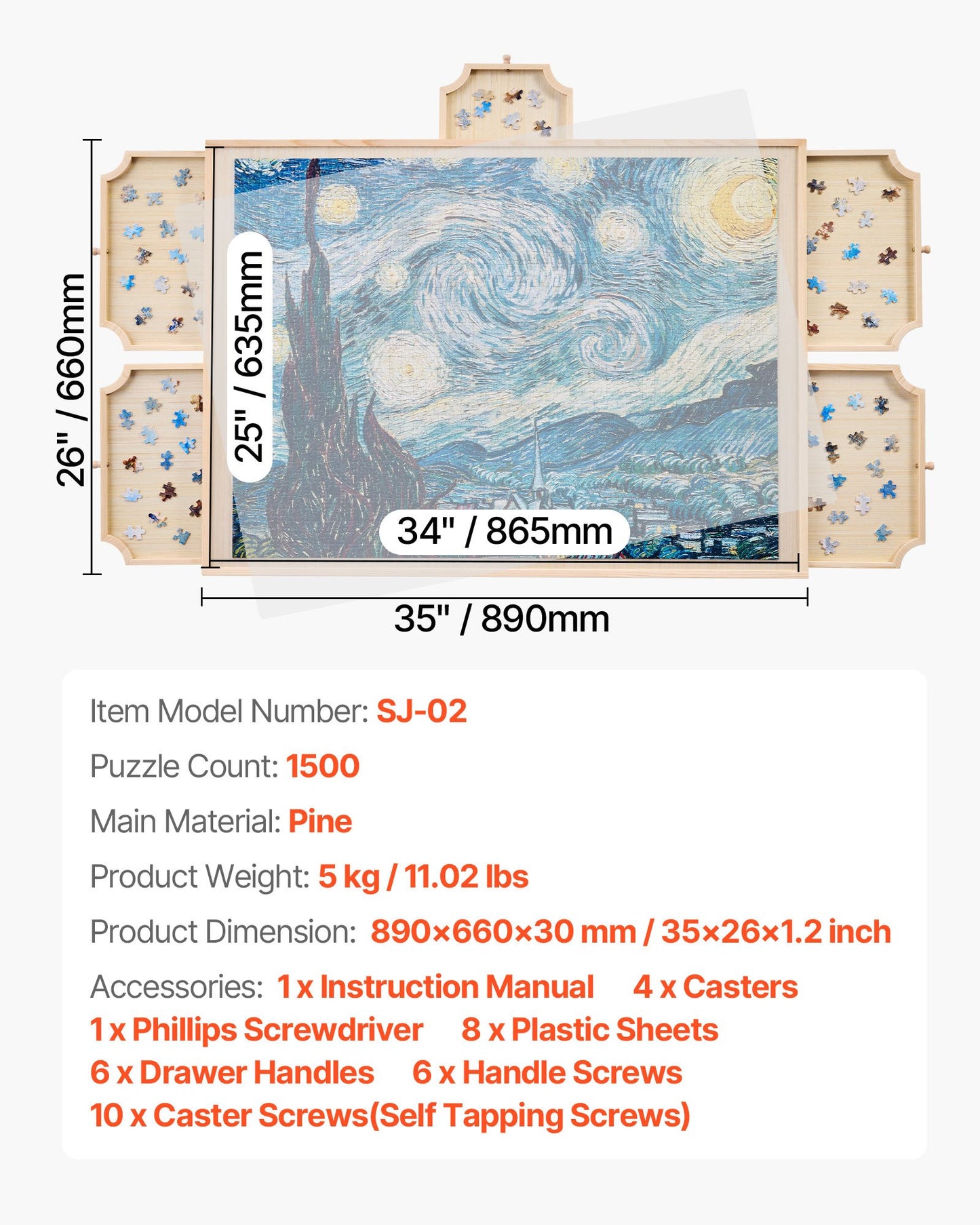 1500 Piece Rotating Puzzle Board with 5 Drawers and Cover, 34x25 inch in Portable Wooden Table, Jigsaw Puzzle Accessories for Adults, Puzzles Organizer Storage System, Birthday Gift for Mom