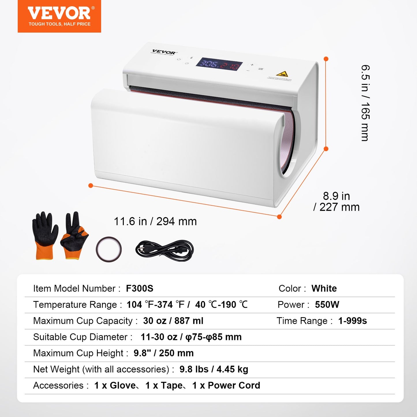 Auto Tumbler Heat Press Machine, Mug Heat Press for 11-30oz Sublimation Tumblers, Heat Up Fast and Even, Tumbler Press with Tape and Glove, Temp and Time Setting, for Tumblers, Cups, Mugs, White