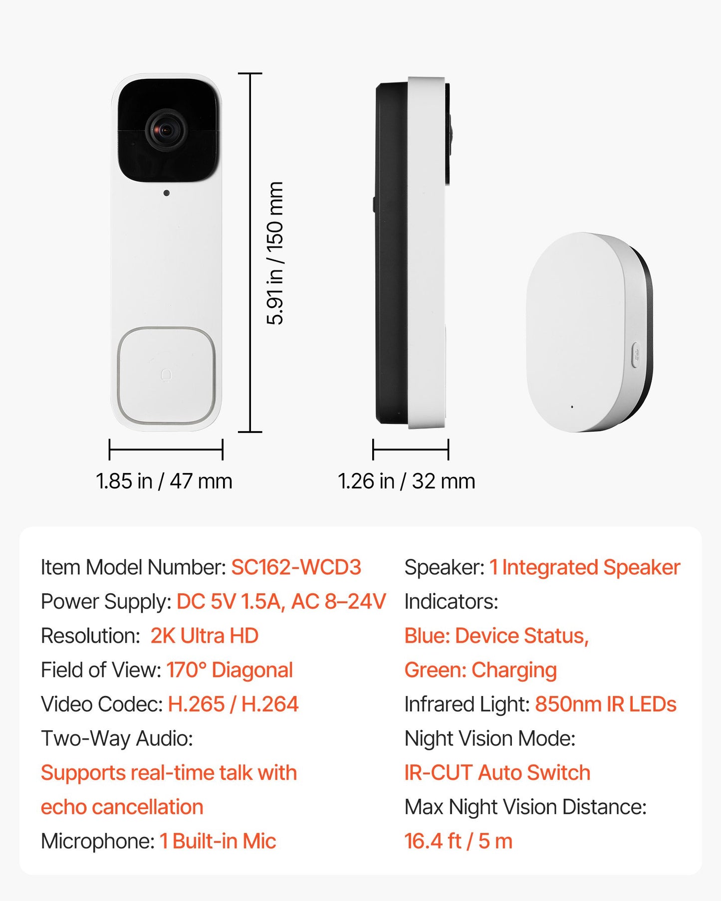 Video Doorbell, 2K Wireless Camera Ring Doorbell Works with 170° Ultra-Wide View, 2-Way Audio, Motion Detection & Night Vision, Supports Alexei & Google, Cloud Storage, Battery/Wired Powered
