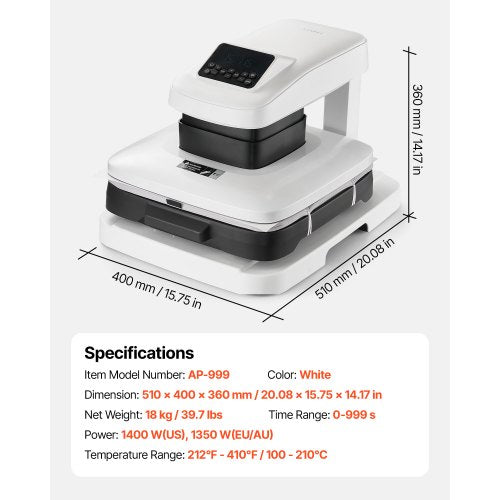 automatisk värmepress, 38 x 38 cm, T-shirtpress med automatisk frigöring och justerbart tryck, digital display, snabb uppvärmning, för sublimering, vinyl, värmeöverföringsprojekt, vit | EU