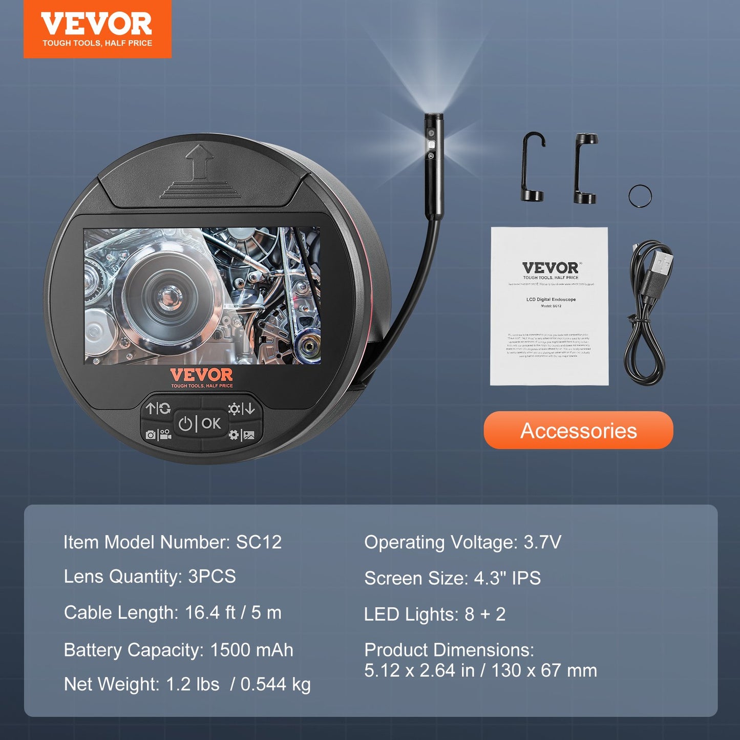 Borescope Triple Lens Endoscope Camera with Light, 4.3" IPS Screen Inspection Camera with 8 + 2 Lights, IP67 Waterproof Snake Scope Camera for Automotive, Plumbing (16.4FT Cable, 32GB Card)