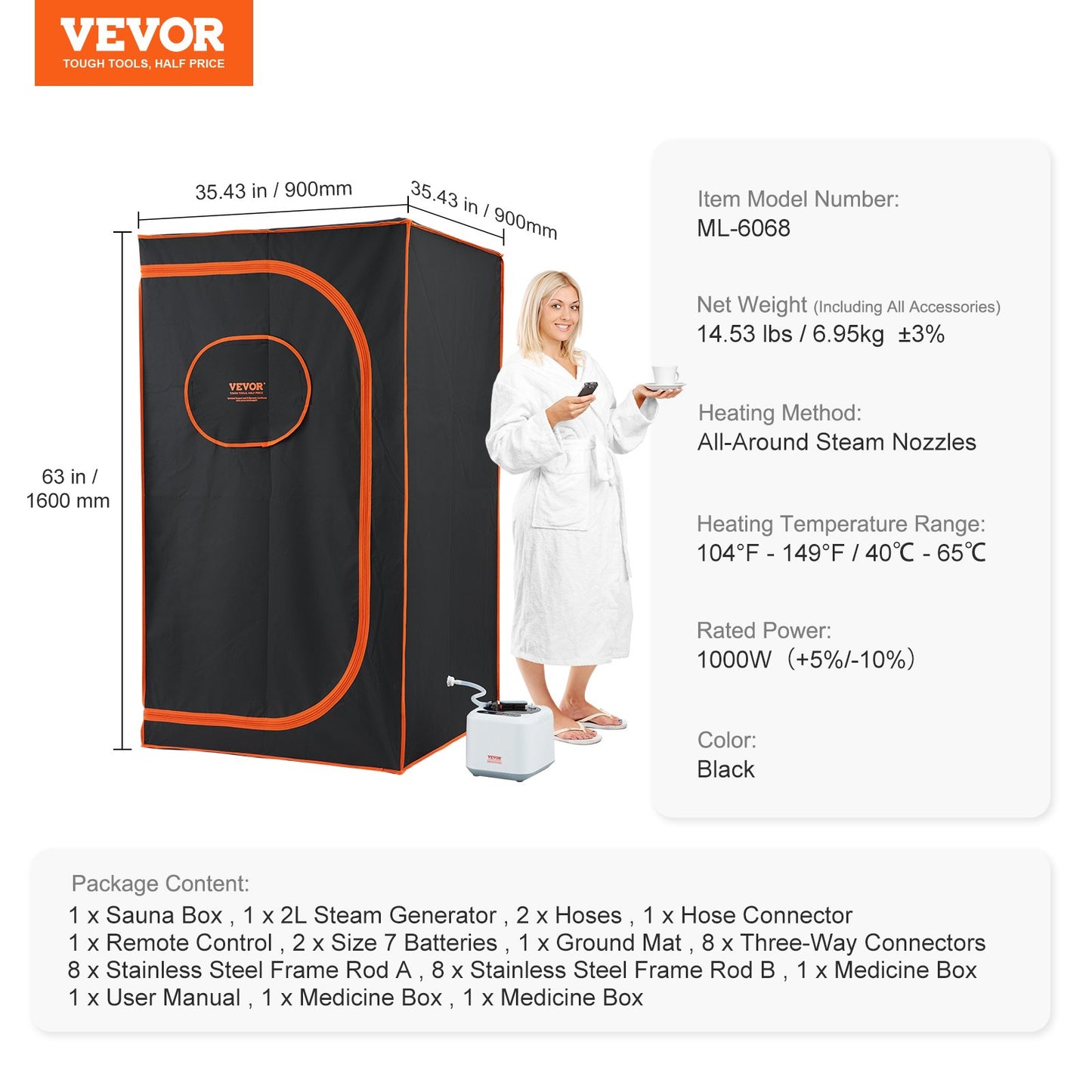 Portable Steam Sauna Tent Full Size, 1000W Personal Sauna Blanket Kit for Home Spa, Detoxify & Soothing Heated Body Therapy, Time & Temperature Remote Control With Floor Mat