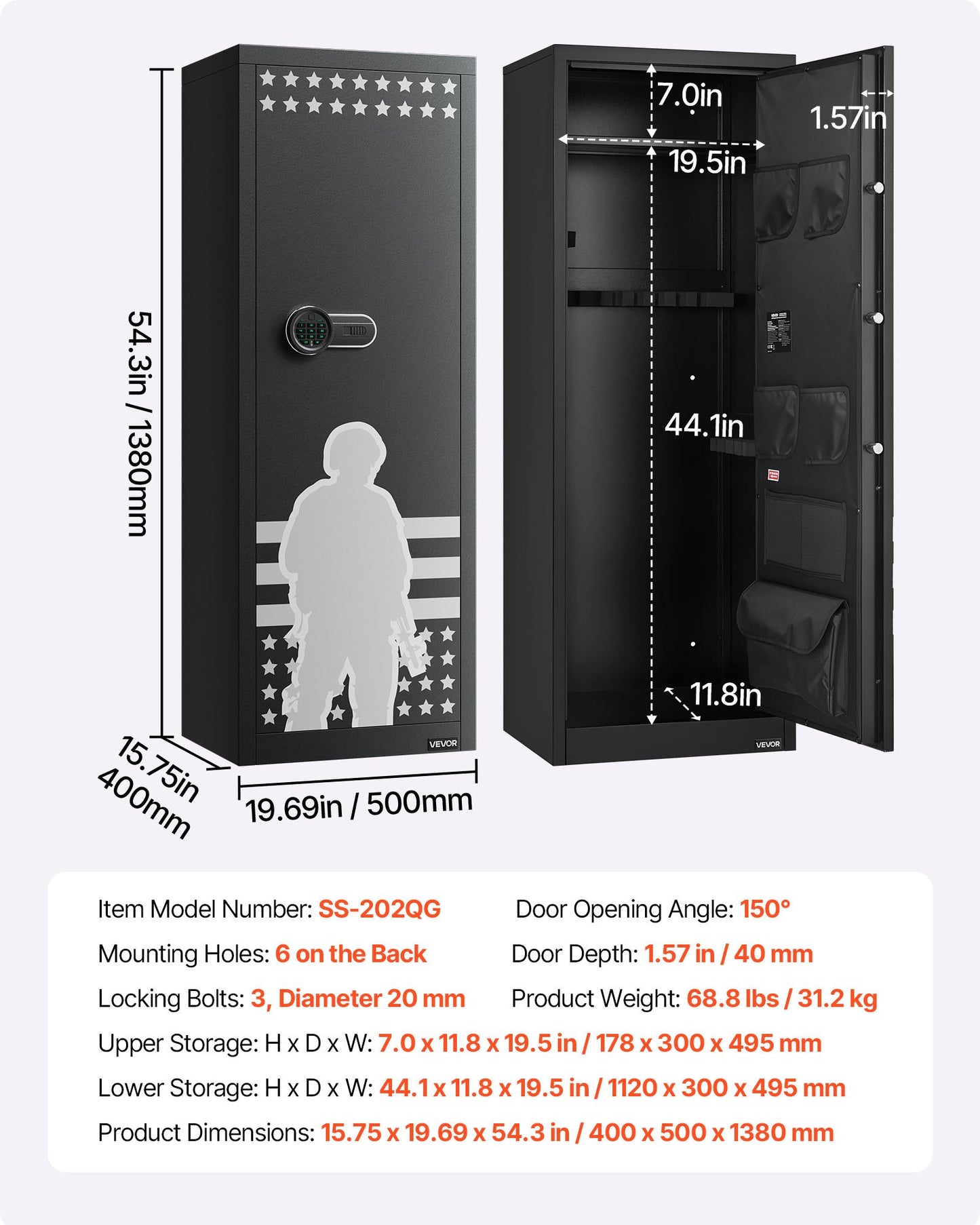 10-12 Gun Safe, Long Gun Cabinet for Rifles and Pistols, Quick Access Rifle Safe with 4 Pistol Pockets and 3 Adjustable Racks, Large Digital Cabinet with Key and Password Lock