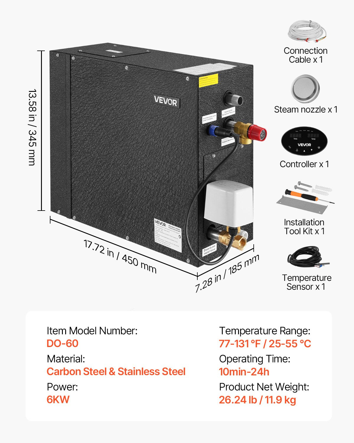 Steam Generator, 6 kW Steam Shower System with Controller for Home Sauna Bath Spa, Commercial Auto Drain Kit with Overheat, Dry-Run & Overpressure Protection, 10 Min to 24h Efficient, Black