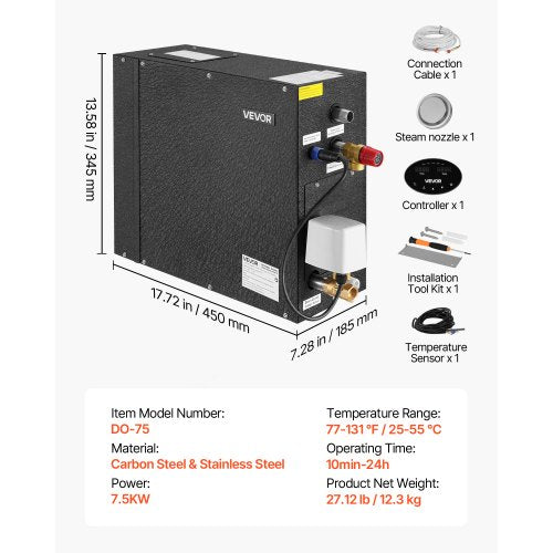 ånggenerator, 7,5 kW ångduschsystem med styrenhet för hemmabastu, spa, kommersiellt automatiskt dräneringspaket med överhettnings-, torrkörnings- och övertrycksskydd, effektiv från 10 minuter till 24 timmar, svart | EU