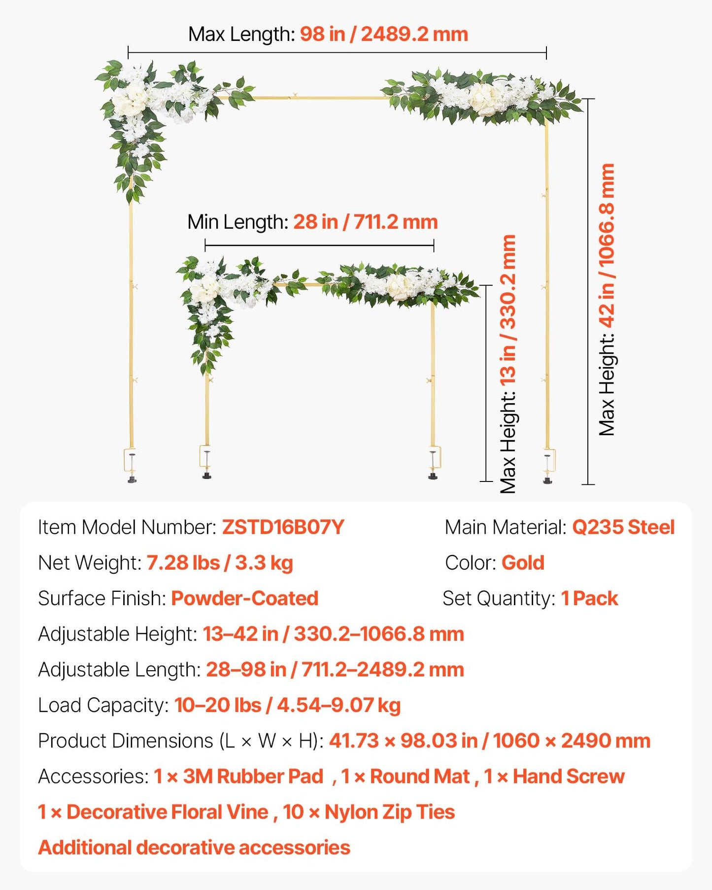 Over the Table Rod Stand with Clamps, Adjustable 28"-98" Length & 13"-42" Height, Table Arch Stand with Floral Accessories, Gold Balloon Frame for Wedding Birthday Party Christmas Decoration