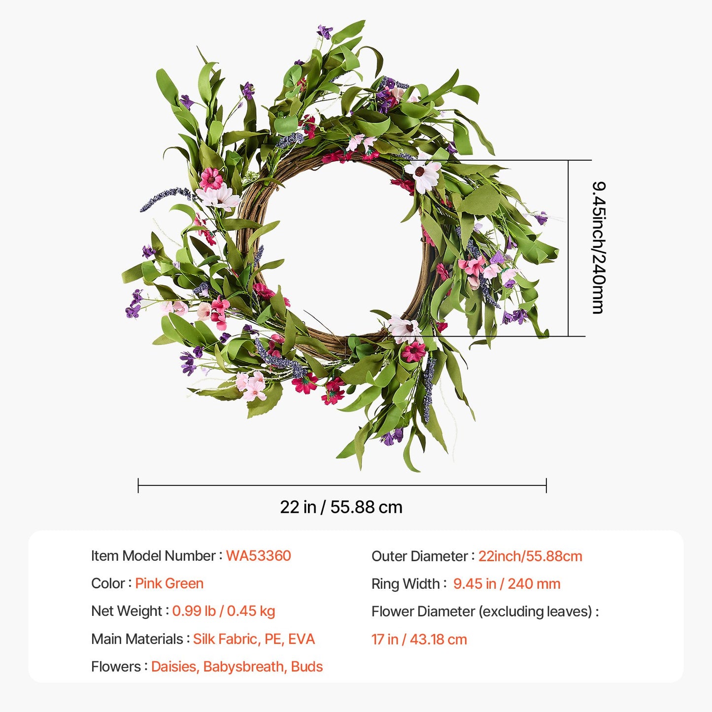 Artificial Decorative Wreath, 22 in, Pink Green, Decorated with Daisies, Babysbreath, Buds, Year Round Wreath for All Seasons Indoor and Outdoor Home Wall Window Festival Wedding Decorations