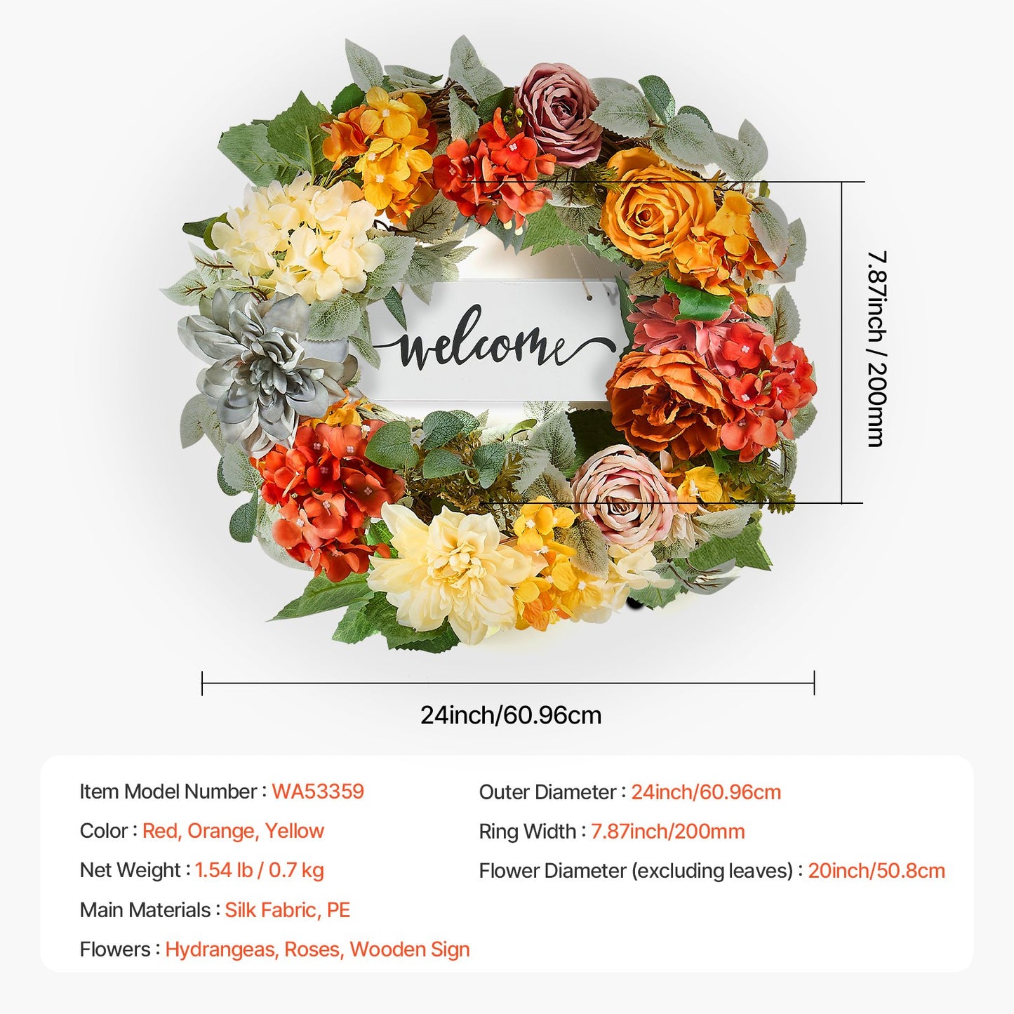 Artificial Decorative Wreath, 24 in, Red Orange Yellow, Decorated with Hydrangeas, Roses, Wooden Sign, Year Round Wreath for All Seasons Indoor and Outdoor Home Wall Window Festival Decorations