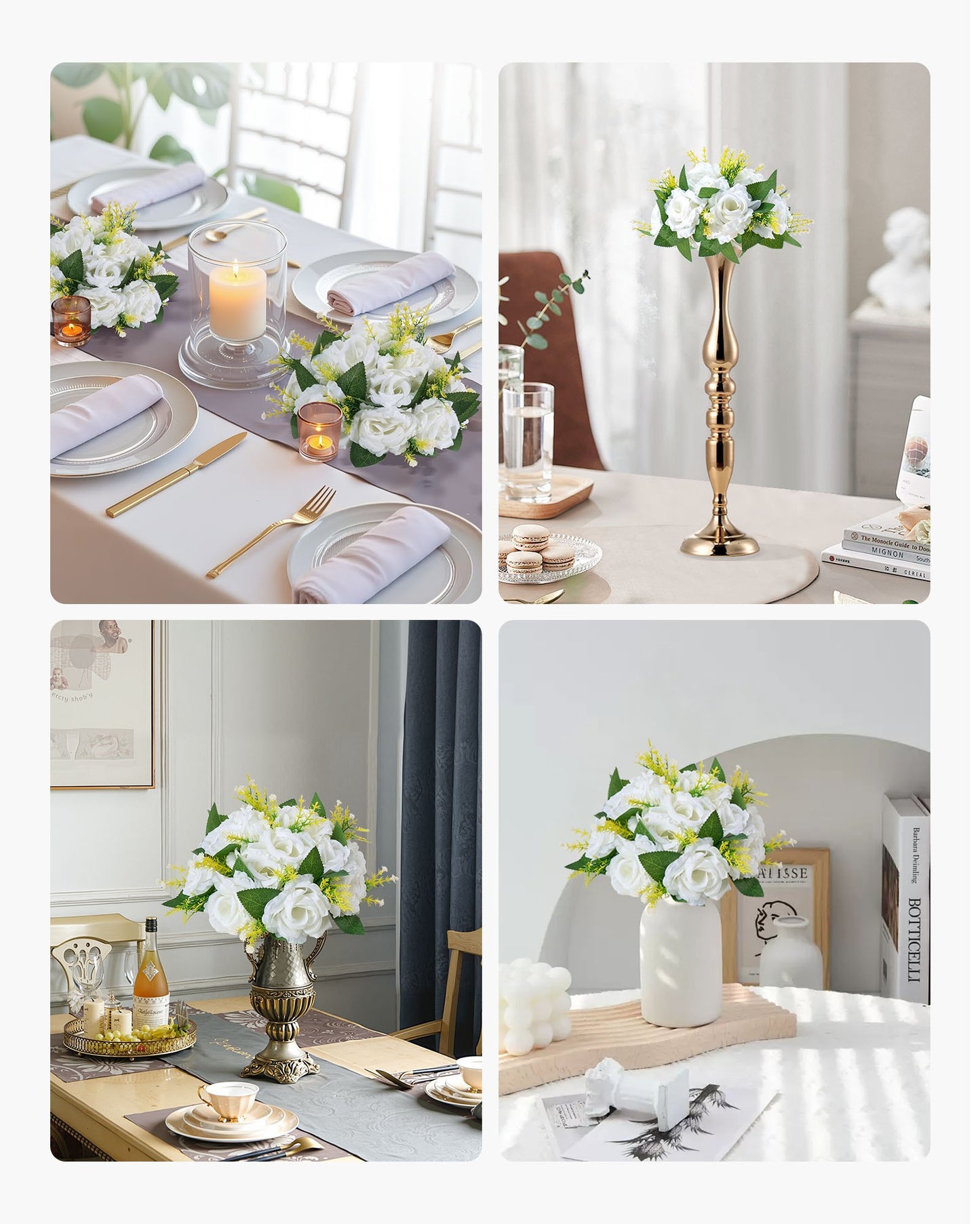 Flower Balls Arrangement Bouquet 10 PCS, 9.5-Inch Diameter Artificial Flower Balls Wedding Rose Centerpieces, Faux Flowers Arrangements for Wedding Centerpiece Home Table Decorations, White