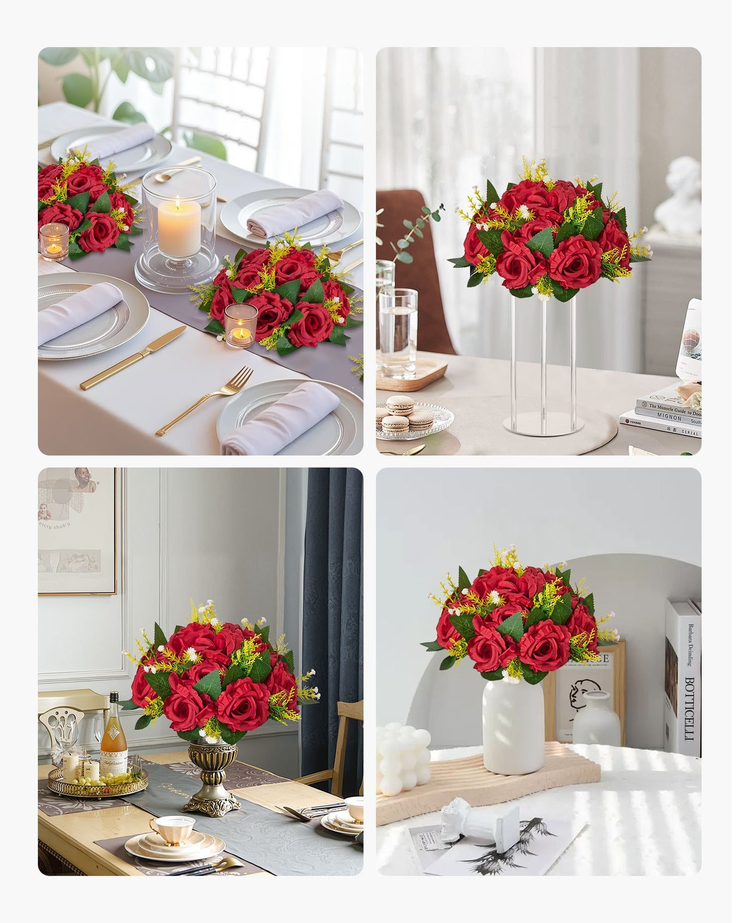 Flower Balls Arrangement Bouquet 10 PCS, 9.5-Inch Wedding Red Roses Centerpieces, Fake Flowers Kissing Balls Decor Artificial Floral Arrangements Flower Bouquet for Home Party Table Decorations