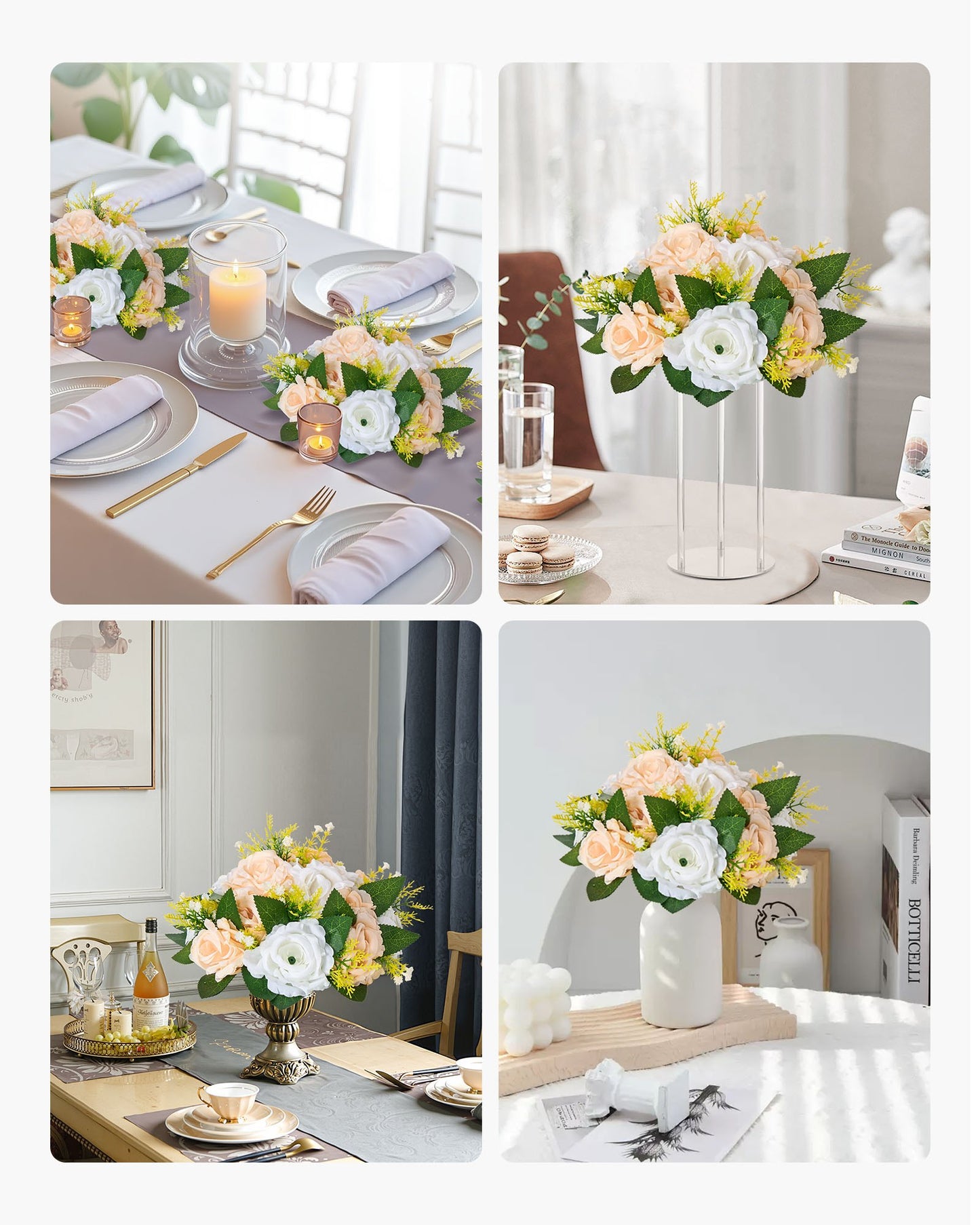 Flower Ball Arrangement Bouquet 10 PCS, 9.5-Inch Diameter Artificial Flower Balls Wedding Table Centerpieces, Rose Arrangements for Wedding Centerpiece Home Decoration, Champagne & White Roses