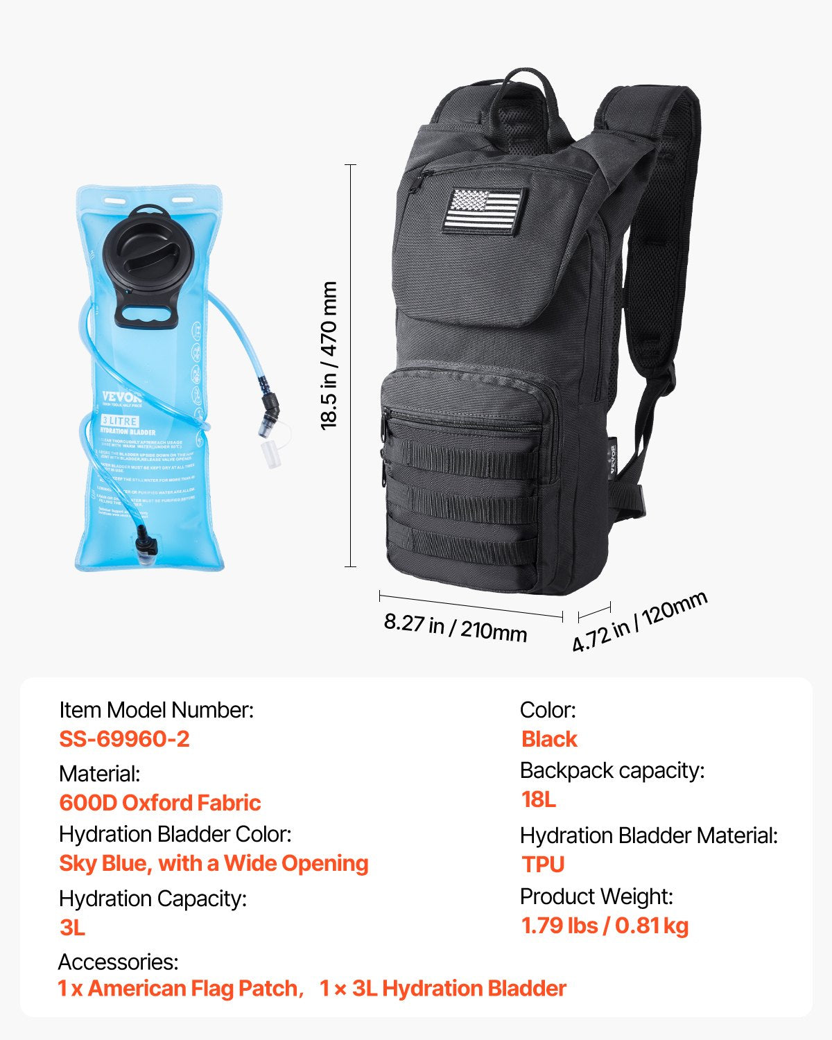 Hydration Backpack, Water Backpack with 3L TPU Water Bladder, Tactical Molle Hiking Hydration Pack with Storage for Men Women, Hydro Water Daypack for Hiking Running Cycling Camping