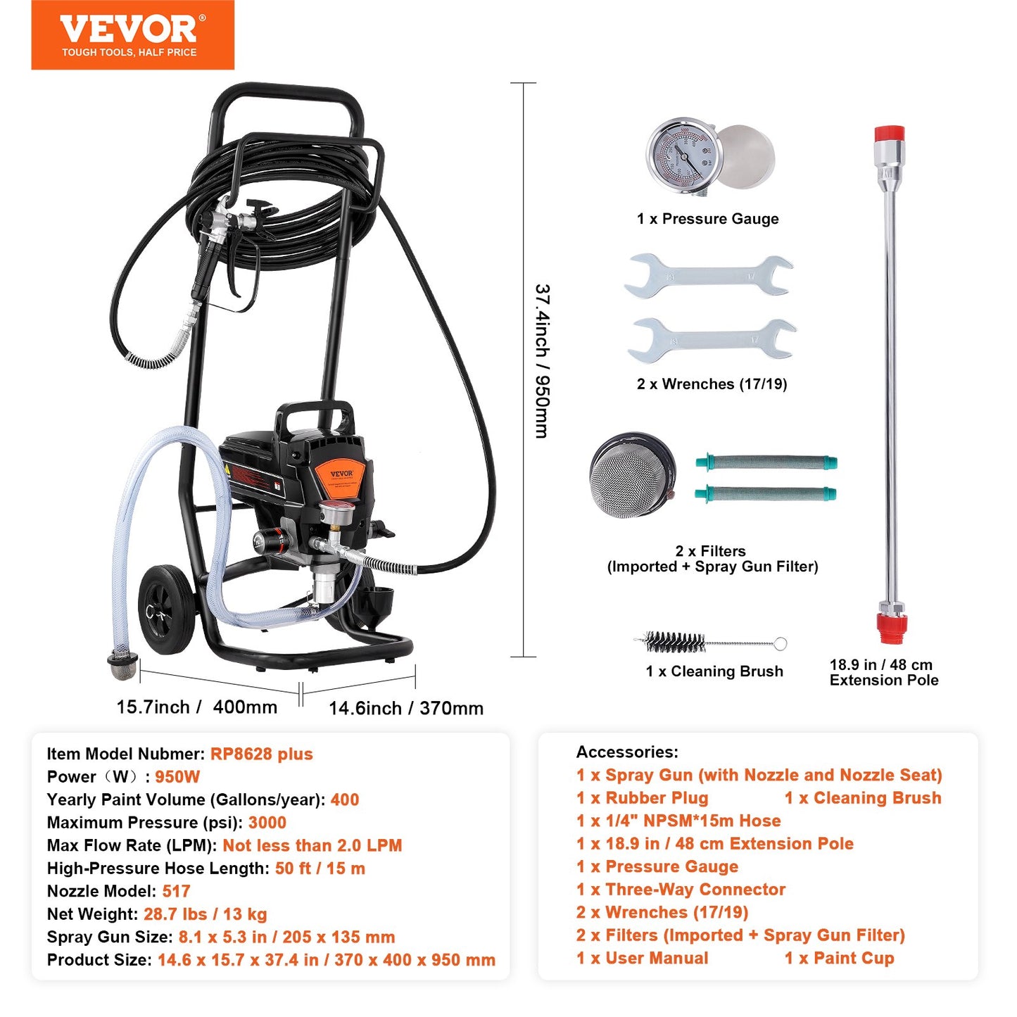 Stand Airless Paint Sprayer, 950W 3000PSI High Efficiency Electric Airless Sprayer With Cart, Paint Sprayers for Home Interior and Exterior Furniture and Fences, Fine And Even Painting Effect