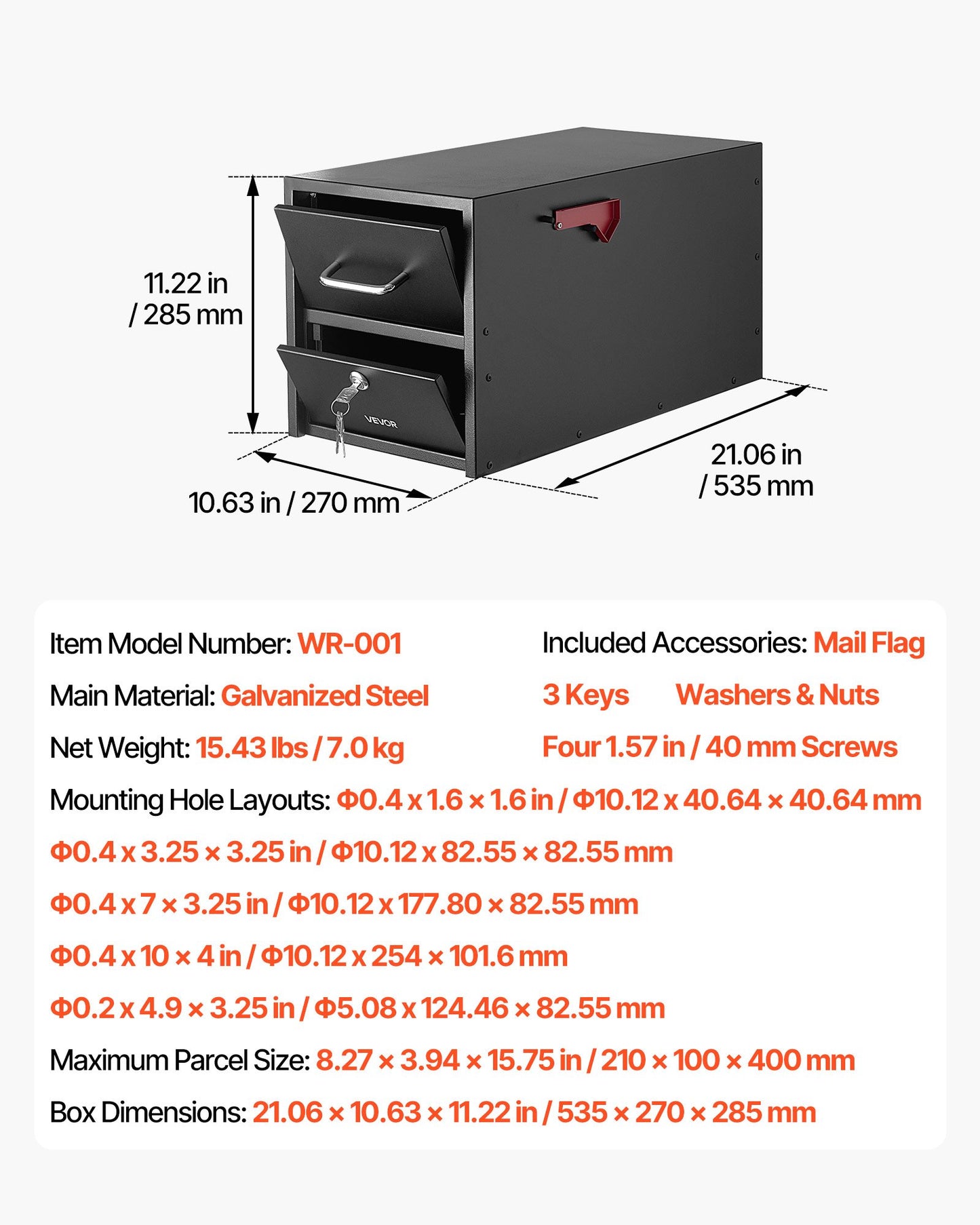 Post Mount Mailbox, Anti-Pry & Anti-Theft Mailboxes for Outside, Heavy Duty Lockable Mail Box with Magnetic Door, Weather-Resistant Metal Post Box for House Outside 21.06 x 10.63 x 11.22 in