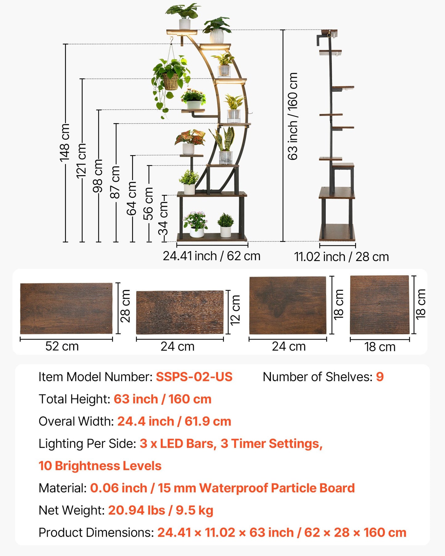 Plant Stand Indoor with Grow Lights, 63 in Tall 9-Tier Lighted Plant Shelf, Metal Corner Plants Holder, 3 Timer & 10 Brightness, Curve-Shaped Flower Display Rack for Living Room Balcony Decor