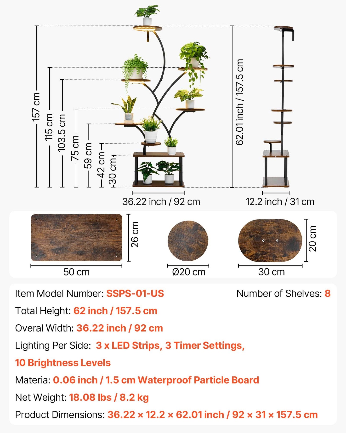 Plant Stand Indoor with Grow Lights, 62 in Tall 8-Tier Lighted Plant Shelf, Metal Corner Plants Holder, 3 Timer & 10 Brightness, Tree-Shaped Flower Display Rack for Living Room Balcony Decor