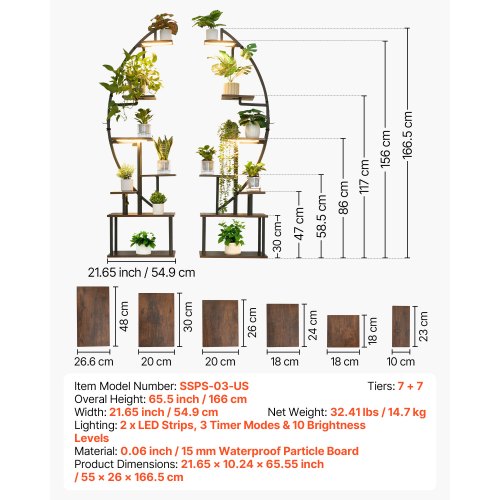 Växtställ för inomhusbruk med odlingslampor, 166,5 cm högt, 7-våningars upplyst växthylla, 2-pack metallhörnhållare för växter, 3 timers och 10 ljusstyrkor, halvmåneformat blomställ för vardagsrum | EU