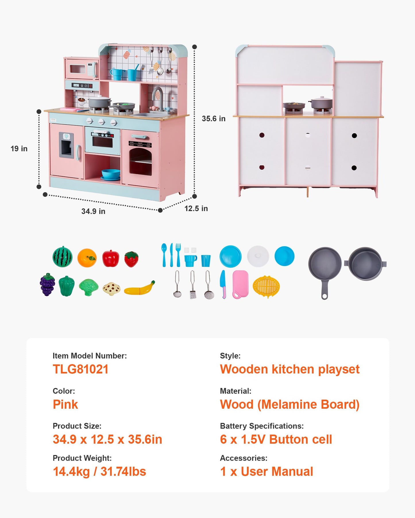Play Kitchen for Kids, Wooden Toy Kitchen Set with Lights and Sounds, Toddler Kitchen with Ice Maker, Oven, Sink, Microwaves, Fridge and Utensil and Fruit Accessory for Toddlers ages 3-8,Pink