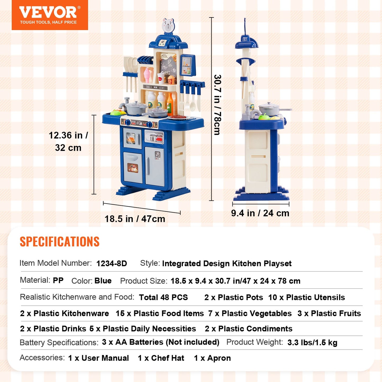 Kids Kitchen Playset, Toddler Kitchen with Cooking Stove with Steam, Sounds and Lights, Play Kitchen Set with 48 PCS Cooking Accessory Set for Toddlers, Preschoolers, Children Ages 3-5, Blue