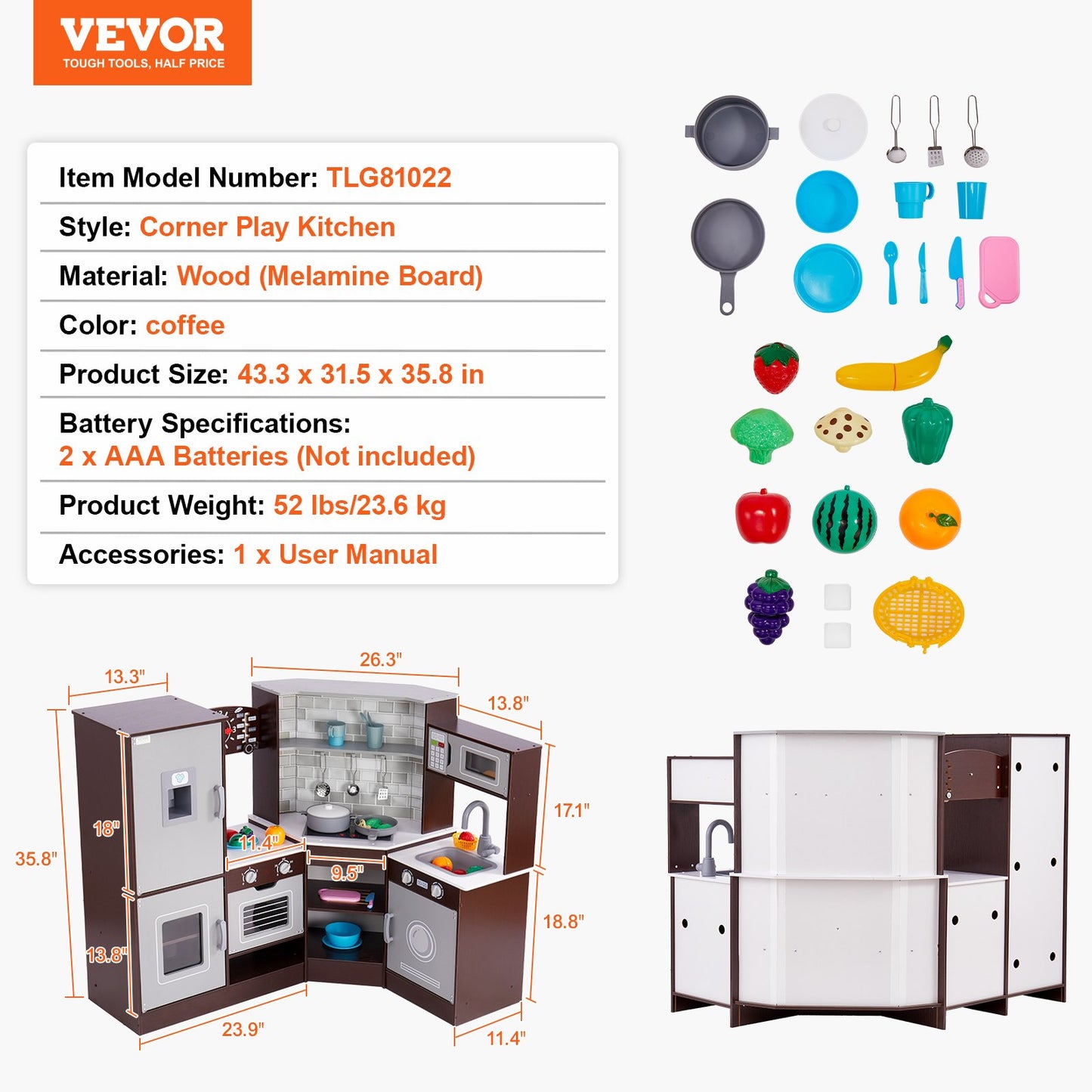 Corner Wooden Play Kitchen, Toy Set with Lights and Sounds, Toddler Kitchen with Ice Maker, Oven, Sink, Clock, Microwaves, Refrigerator and Accessories, for Toddlers, Preschoolers, Brown