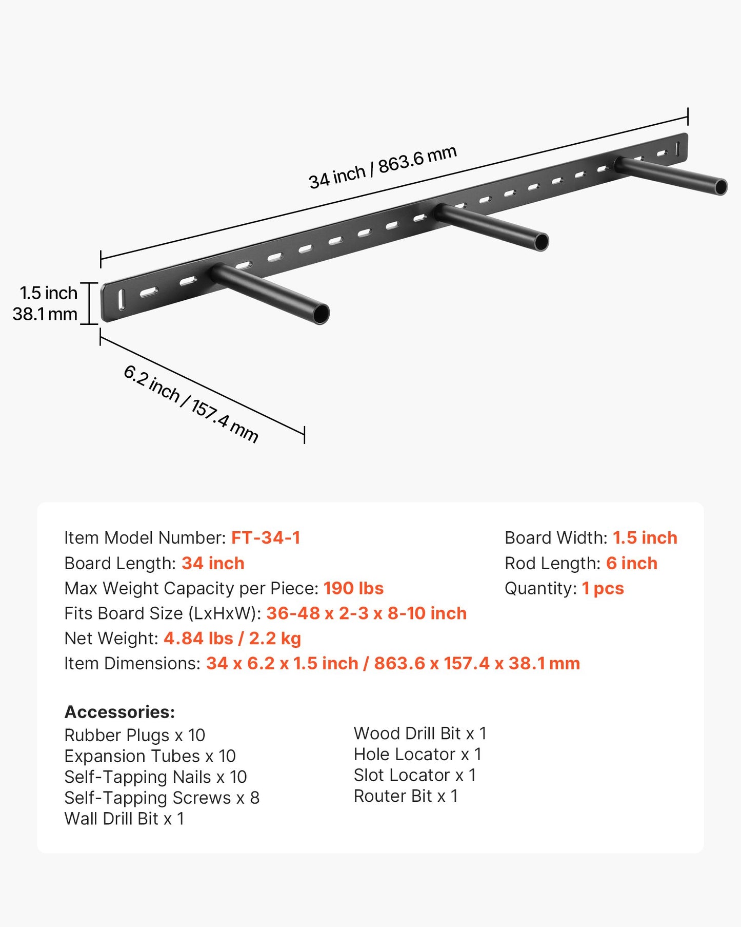Floating Shelf Bracket 1 Pack, 190 lbs/86 kg Weight Capacity, 34x6.2x1.5 inch / 863.6x157.4x38.1 mm, Heavy Duty Hidden Shelf Brackets Support, Wall Mounting Invisible Floating Shelves Bracket