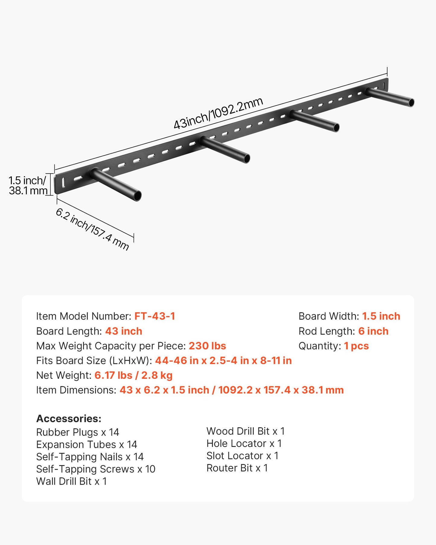 Floating Shelf Bracket 1 Pack, 230 lbs/104 kg Weight Capacity, 43x6.2x1.5 inch / 1092.2x157.4x38.1 mm, Heavy Duty Hidden Shelf Brackets Support, Wall Mounting Invisible Floating Shelves Bracket