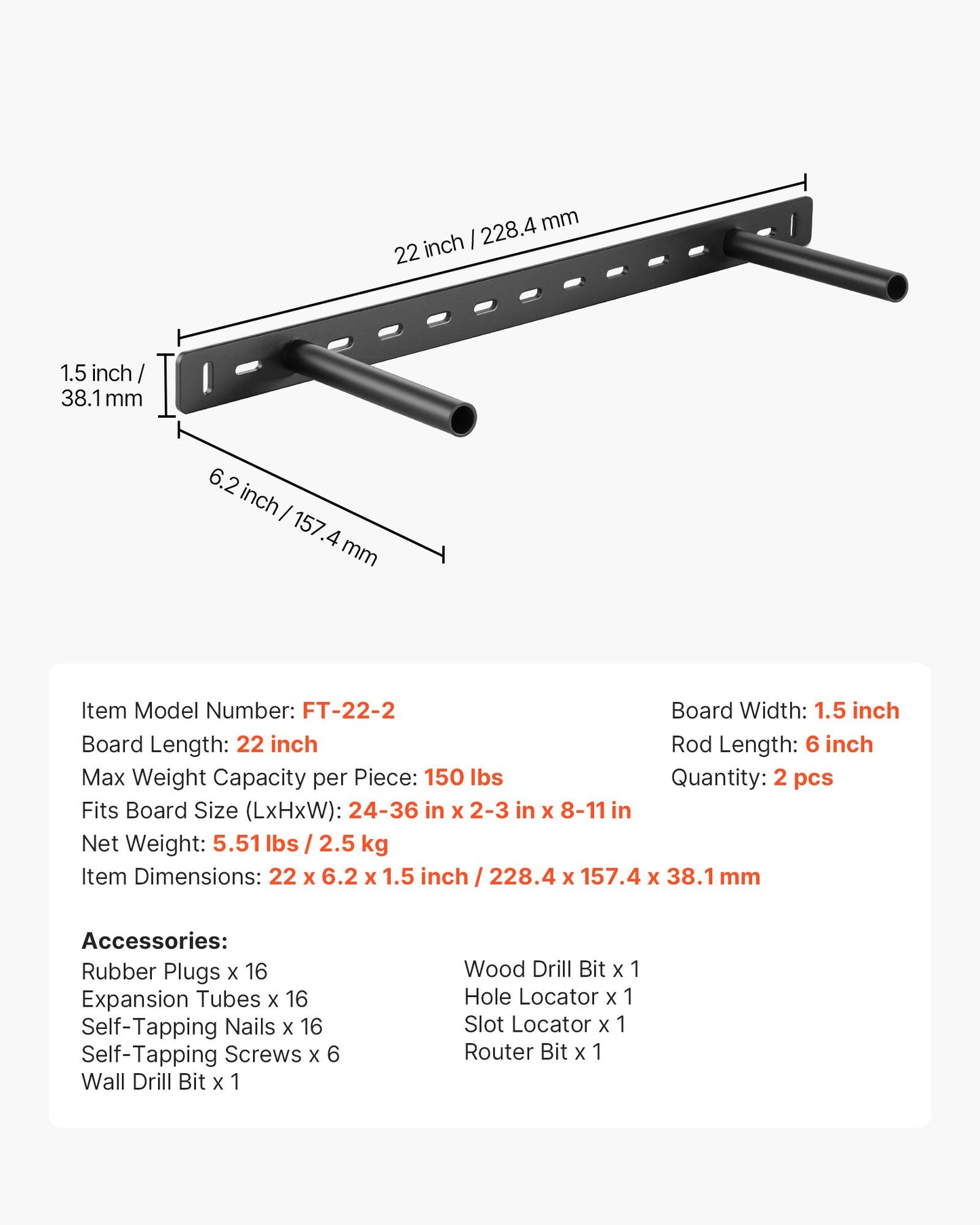 Floating Shelf Brackets 2 Pcs, 150 lbs/68 kg Weight Capacity, 22x6.2x1.5 inch / 558.4x157.4x38.1 mm, Heavy Duty Hidden Shelf Brackets Support, Wall Mounting Invisible Floating Shelves Bracket