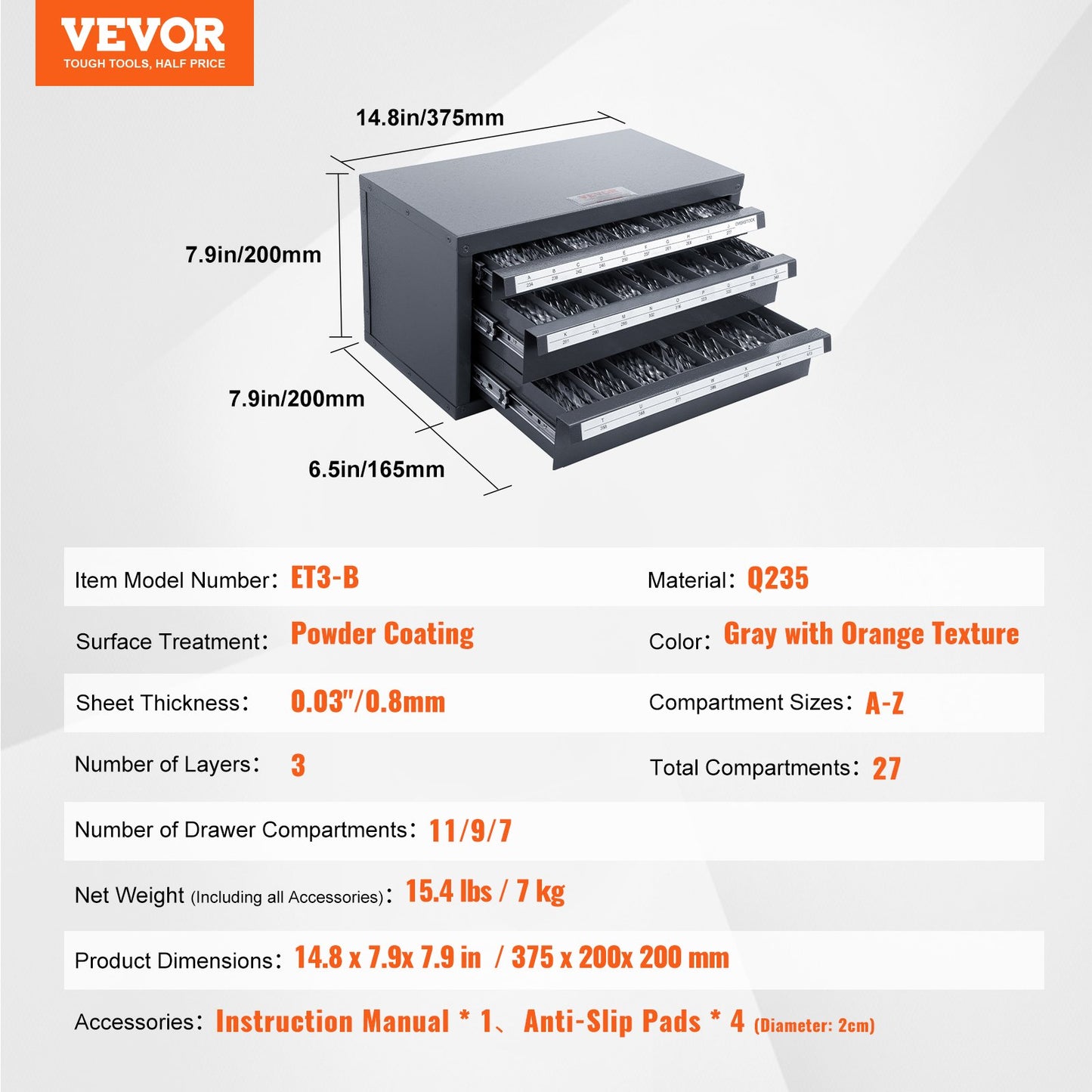 Drill Bit Dispenser Cabinet, Three-Drawer Drill Bit Organizer Cabinet for A to Z, Steel Drill Dispenser Organizer Cabinet with Labels, Stackable Drill Dispenser for Drill Bit Storage