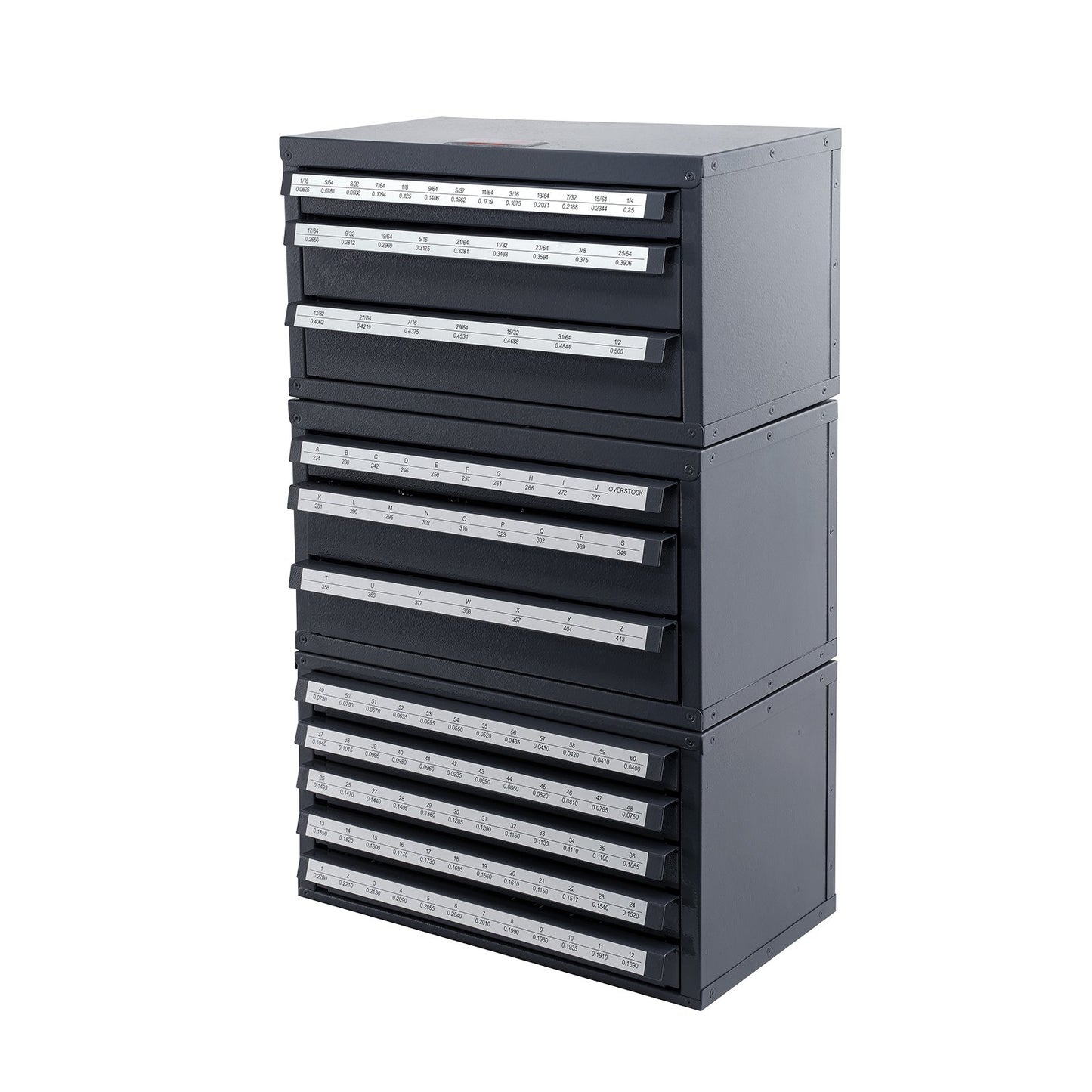 Borrbitsdispenserskåp, 3 delar tre-lådor för 1/16" till 1/2" & Letter-storlekar A till Z, Fem-lådorsborrorganisator för trådmätare storlekar #1 till #60, stapelbar för borrlagring