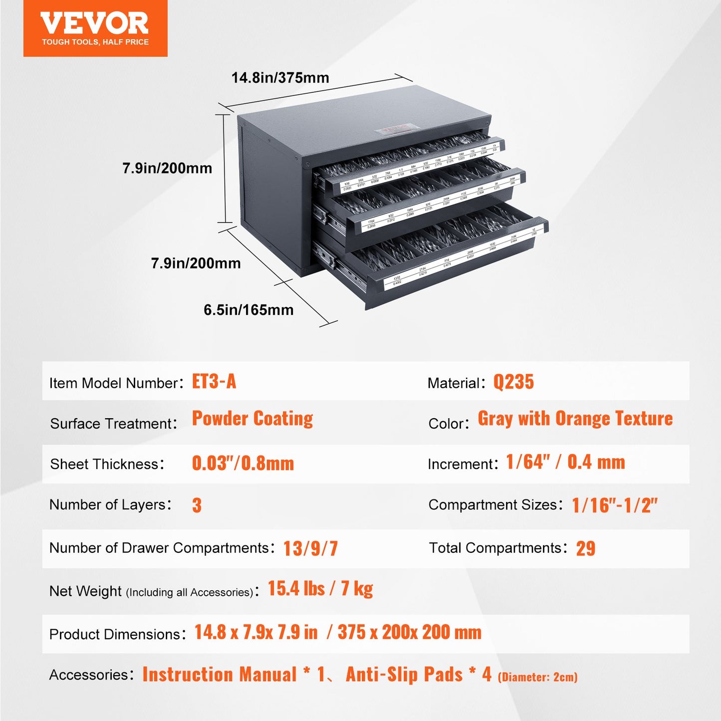 Drill Bit Dispenser Cabinet, Three-Drawer Drill Bit Organizer Cabinet for 1/16" to 1/2", Steel Drill Dispenser Organizer Cabinet with Labels, Stackable Drill Dispenser for Drill Bit Storage