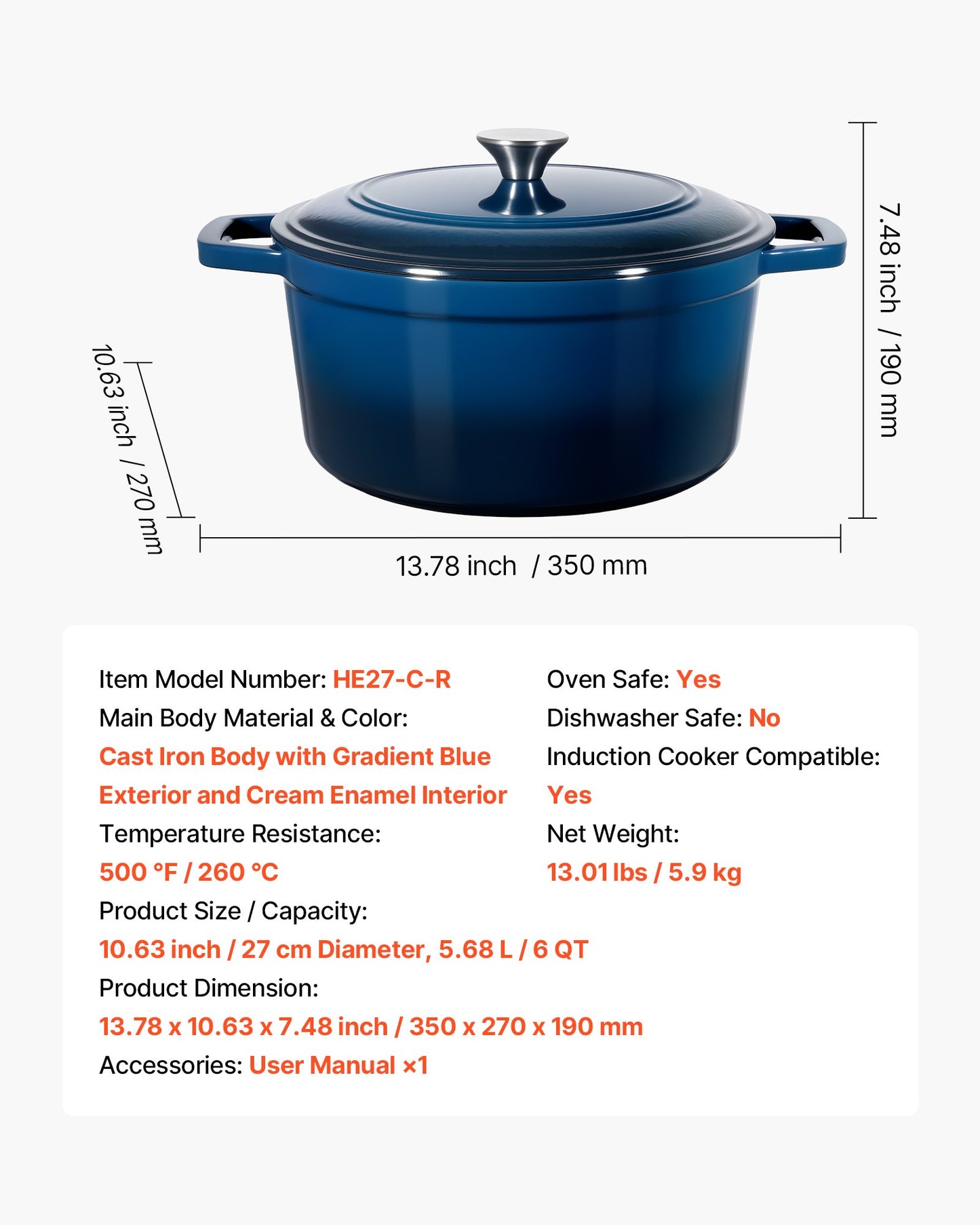 Enameled Cast Iron Dutch Oven, 6 Quart Pot with Lid and Dual Handles, Heavy-Duty Durable Cookware Pan, Oven Induction Compatible up to 500℉, for Braising, Stews, Roasting, Bread Baking, Blue
