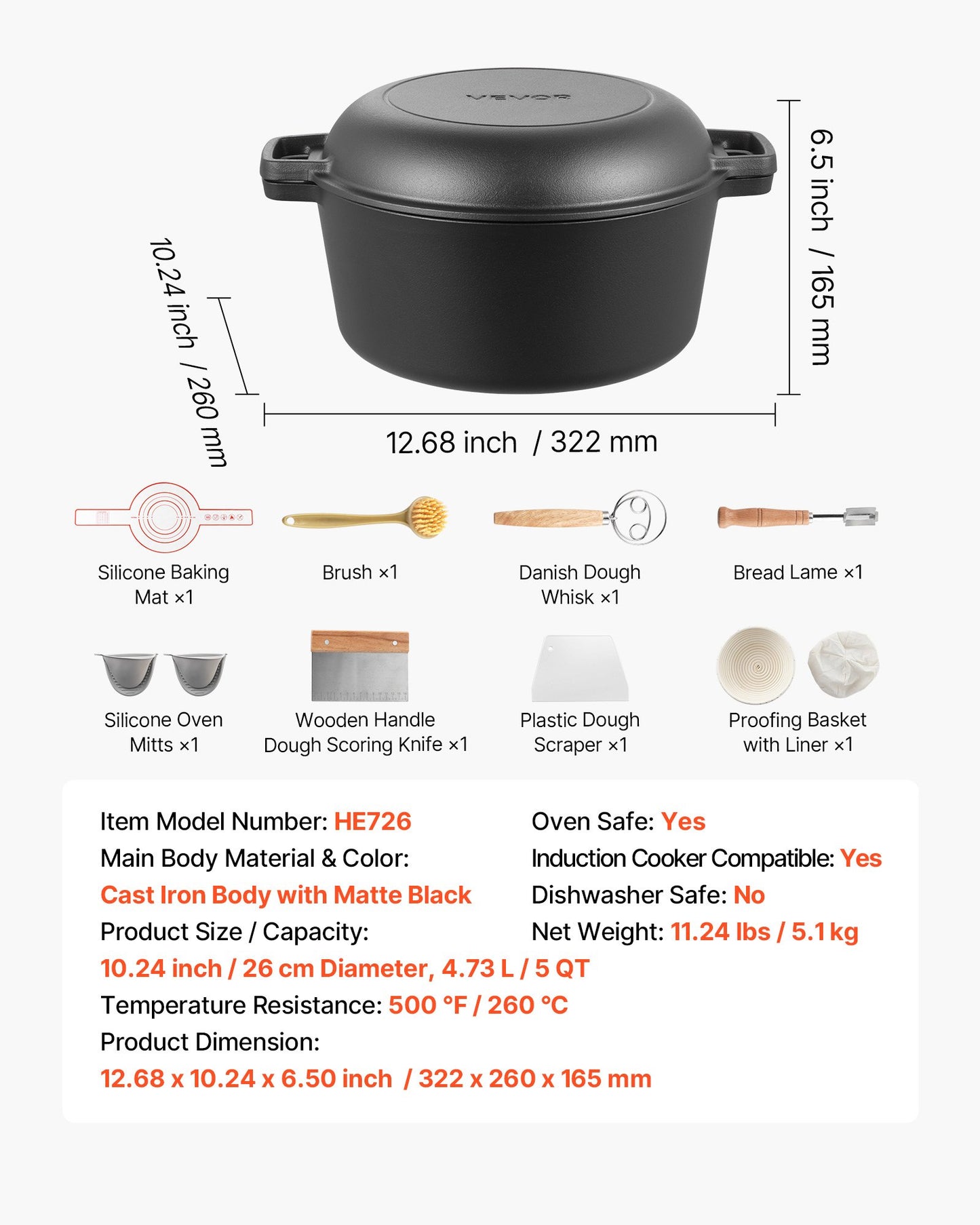Cast Iron Dutch Oven, 2-in-1 Pre-Seasoned Pot with Skillet Lid, 5QT Cookware Pan with Proofing Basket, Bread Baking Accessories, Bread-Oven Compatible 500℉